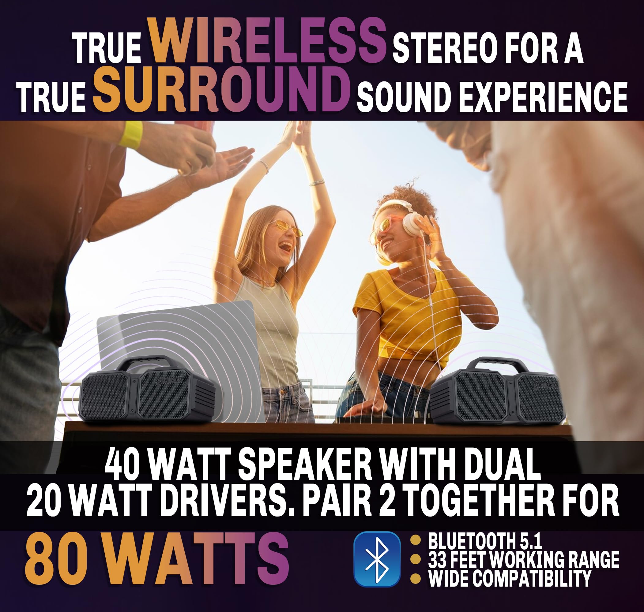 SANTANA BY CARLOS SANTANA Europa 40W Portable Bluetooth Speaker - Shockproof Wireless Outdoor Speaker with Deep Bass for Camping, Beach Parties & Home Use - Black