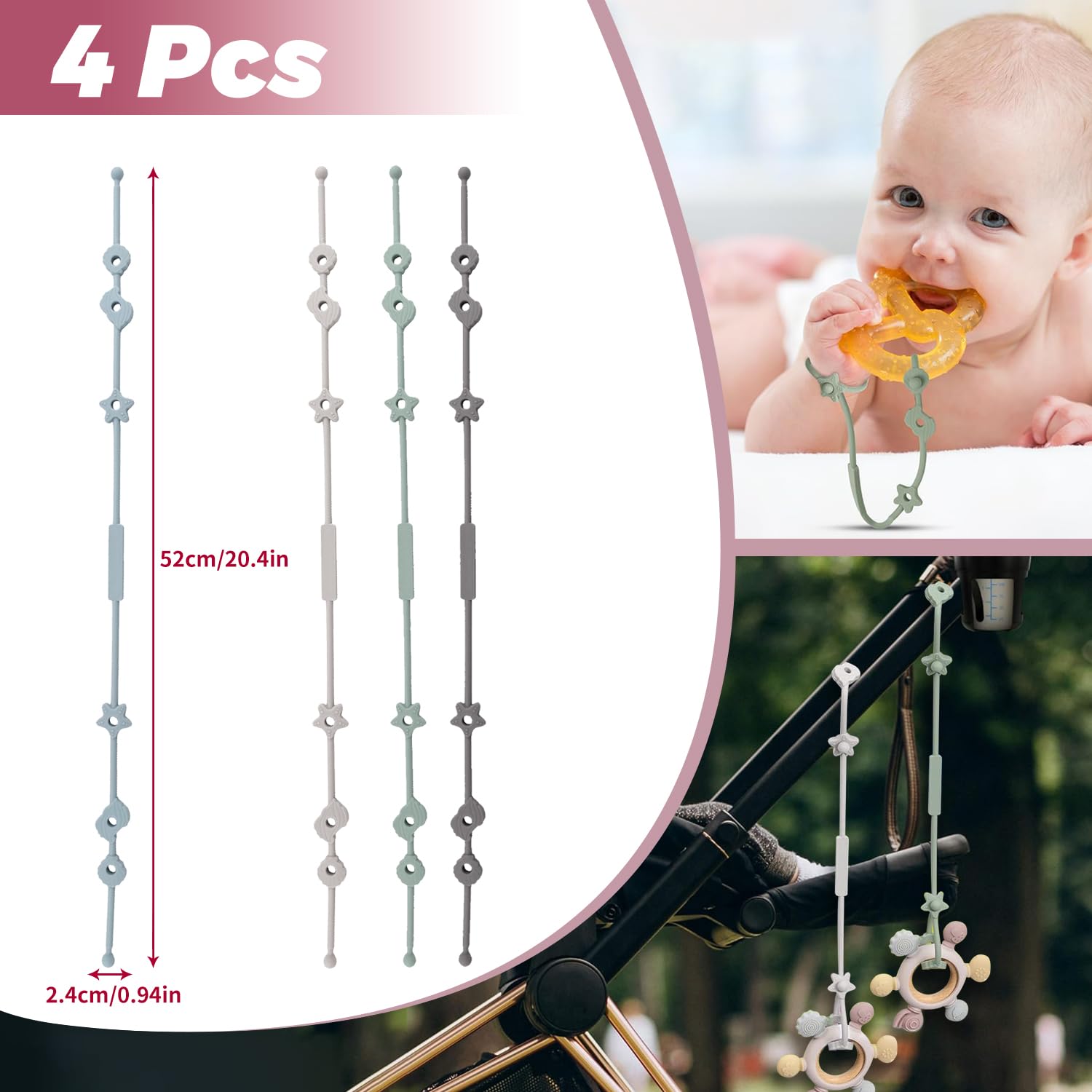 4 Pack Silicone Baby Pacifier Clips - Soft, Flexible & Sensory Textured Toy Clips for Teething, Soothing & Playtime - Perfect for Strollers, Car Seats & Diaper Bags