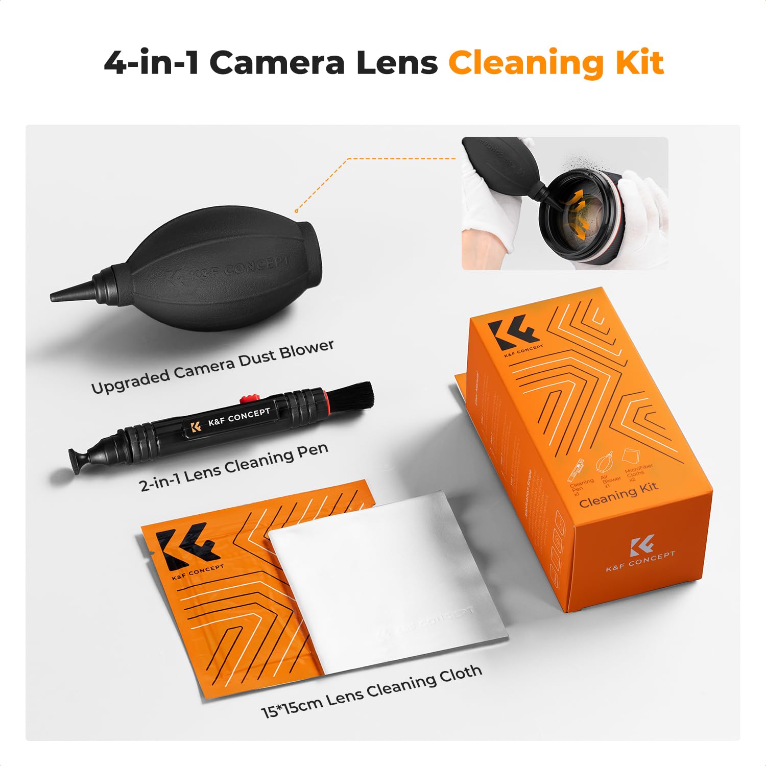 **K&F Concept 4-in-1 Camera Cleaning Kit – Lens Brush Pen, Rocket Air Blower, Microfiber Cloth & Lens Cleaner for DSLR Cameras (Canon, Nikon, Pentax, Sony) – Perfect for Travel, Outdoor & Studio Photography**