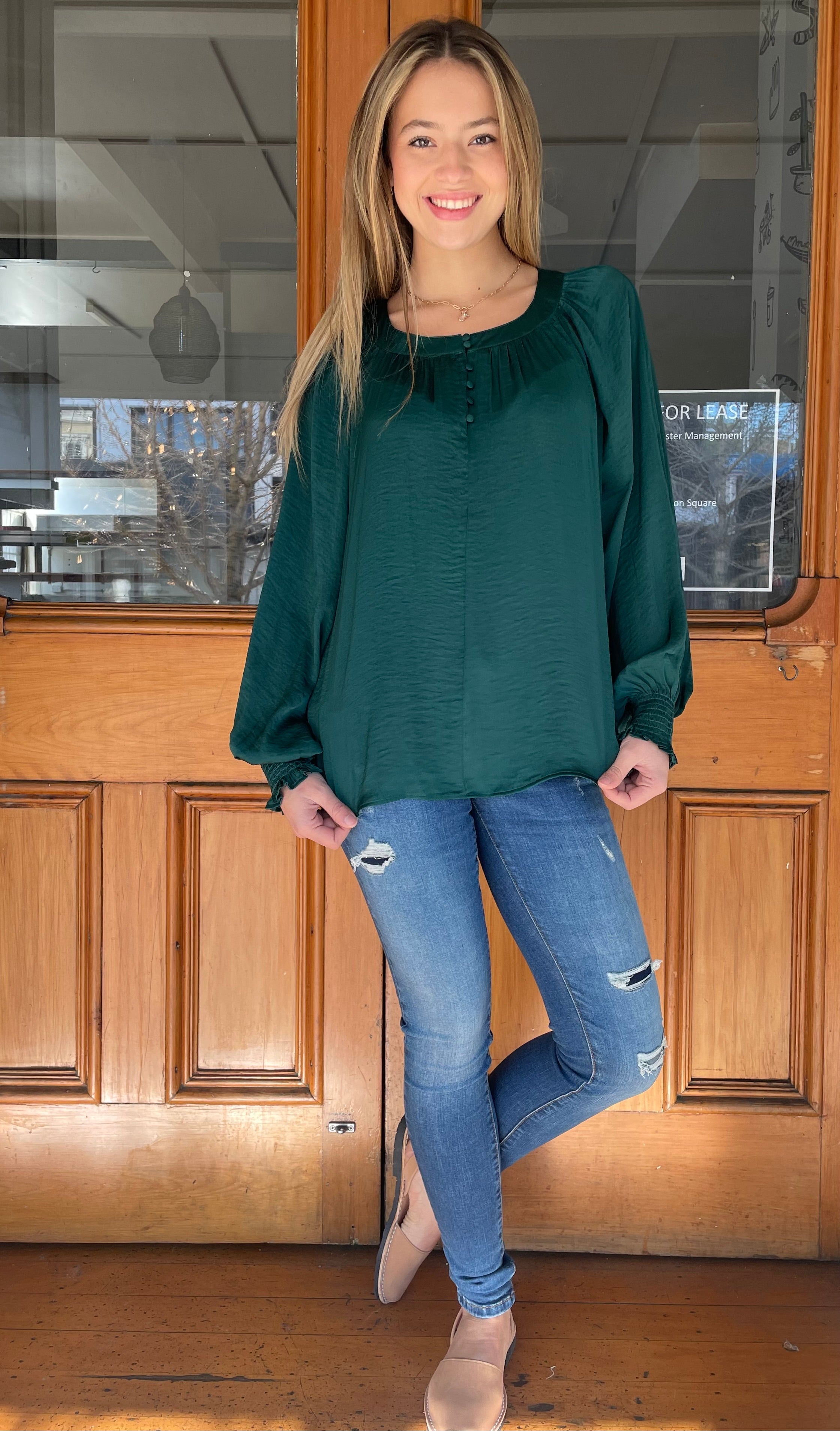 Sasha Washed Satin Blouse in Forest Green - Elegant Women's Tops for Casual Wear & Evening Outfits