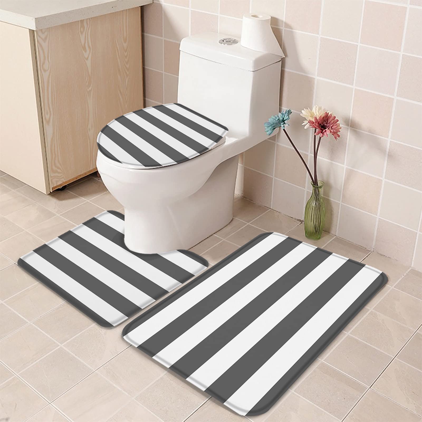 3-Piece Non-Slip Bathroom Rug Set - Gray & White Striped Contour Mat, Toilet Lid Cover & Absorbent Shower Mat | Soft Minimalist Bath Mats for Bathroom Safety & Style | Perfect for Modern Homes, Apartments & Guest Bathrooms