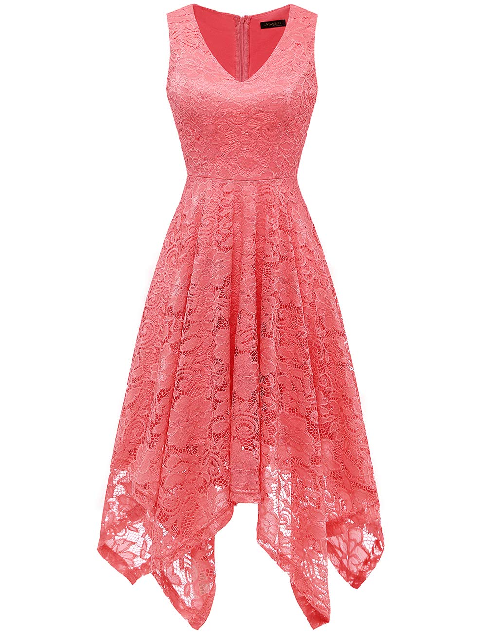 Meetjen Women's Vintage Floral Lace Dress - Handkerchief Hem Asymmetrical Cocktail Formal Swing Dress for Wedding, Party & Evening Events | Elegant A-Line Midi Dress with Flowy Skirt