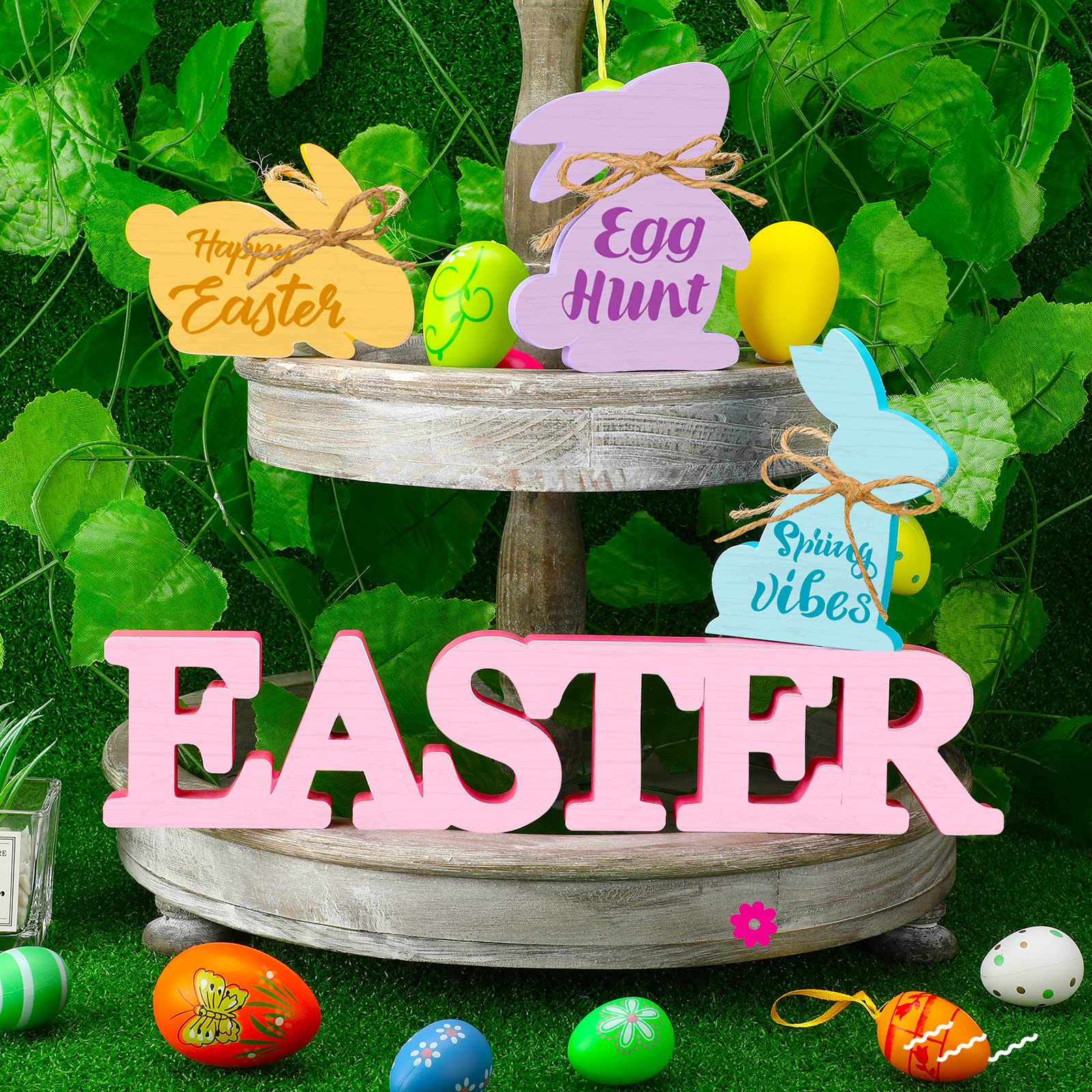 4 Pcs Easter Bunny Wooden Signs - Rustic Farmhouse Rabbit Decor for Tiered Tray, Spring Home & Party Decoration - Perfect for Easter Table Centerpiece, Mantel Display, and Seasonal Home Decor (Bunny Style)