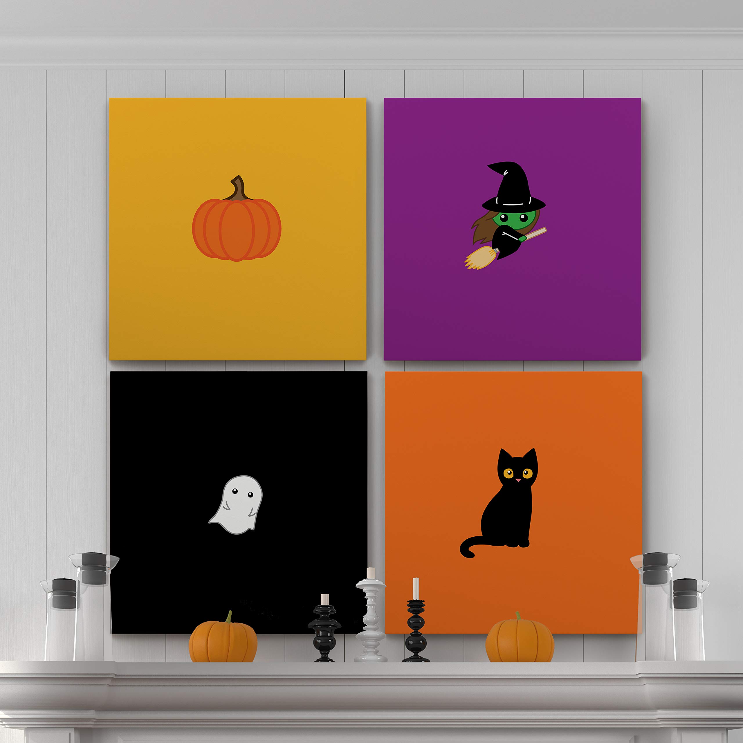 Halloween Themed Gallery Wrapped Canvas Wall Art Set of 4 - Pumpkin, Witch, Ghost & Black Cat Decor (32x32 inches) - Perfect for Spooky Home Decor, Party Backdrops & Seasonal Office Display
