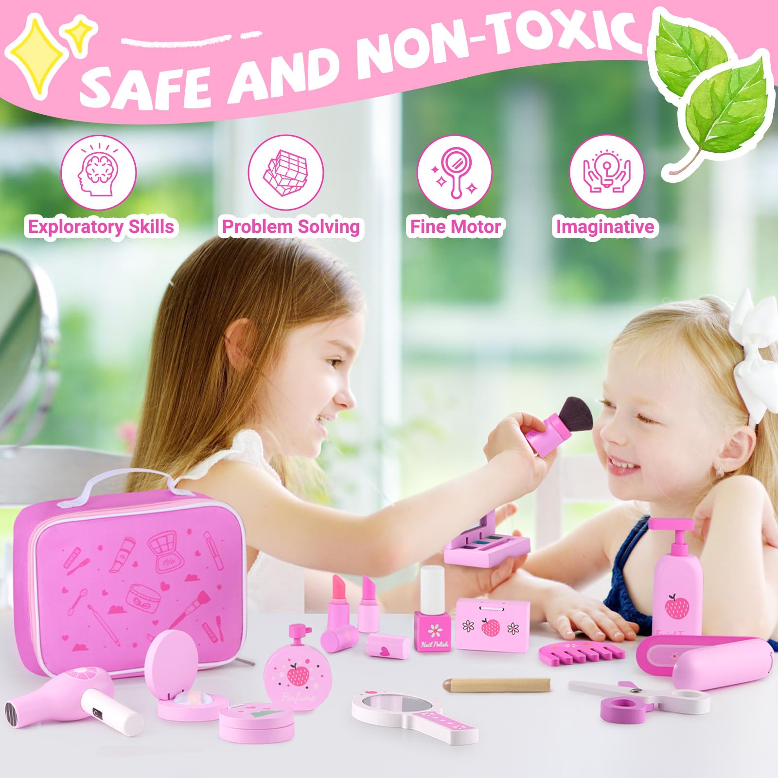 GAGAKU Wooden Kids Makeup Set - Montessori Fake Makeup & Hair Dryer Toy for Girls Dress Up Play