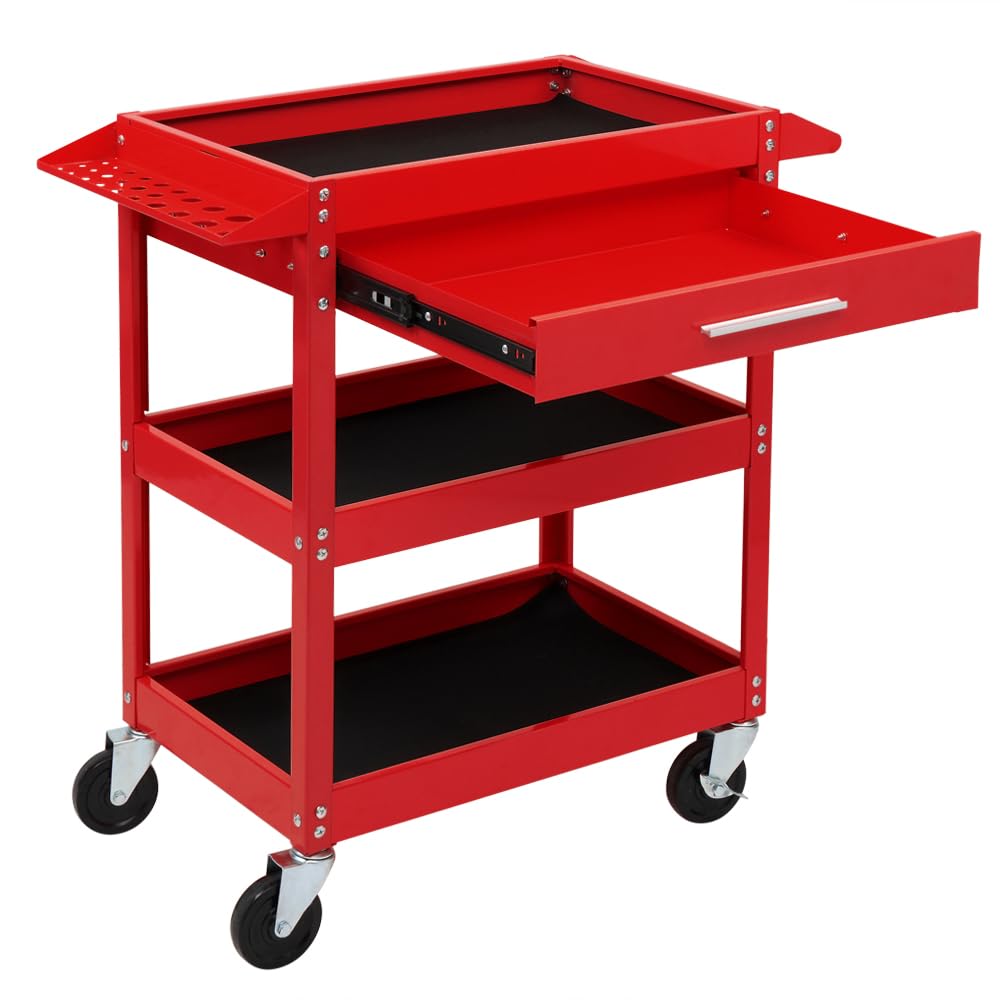 TUFFIOM 3-Tier Heavy Duty Rolling Tool Cart with Drawer & 2 Brake Wheels - 330 LBS Capacity Industrial Utility Cart for Mechanics - Perfect for Garage, Warehouse & Auto Repair Shop Organization