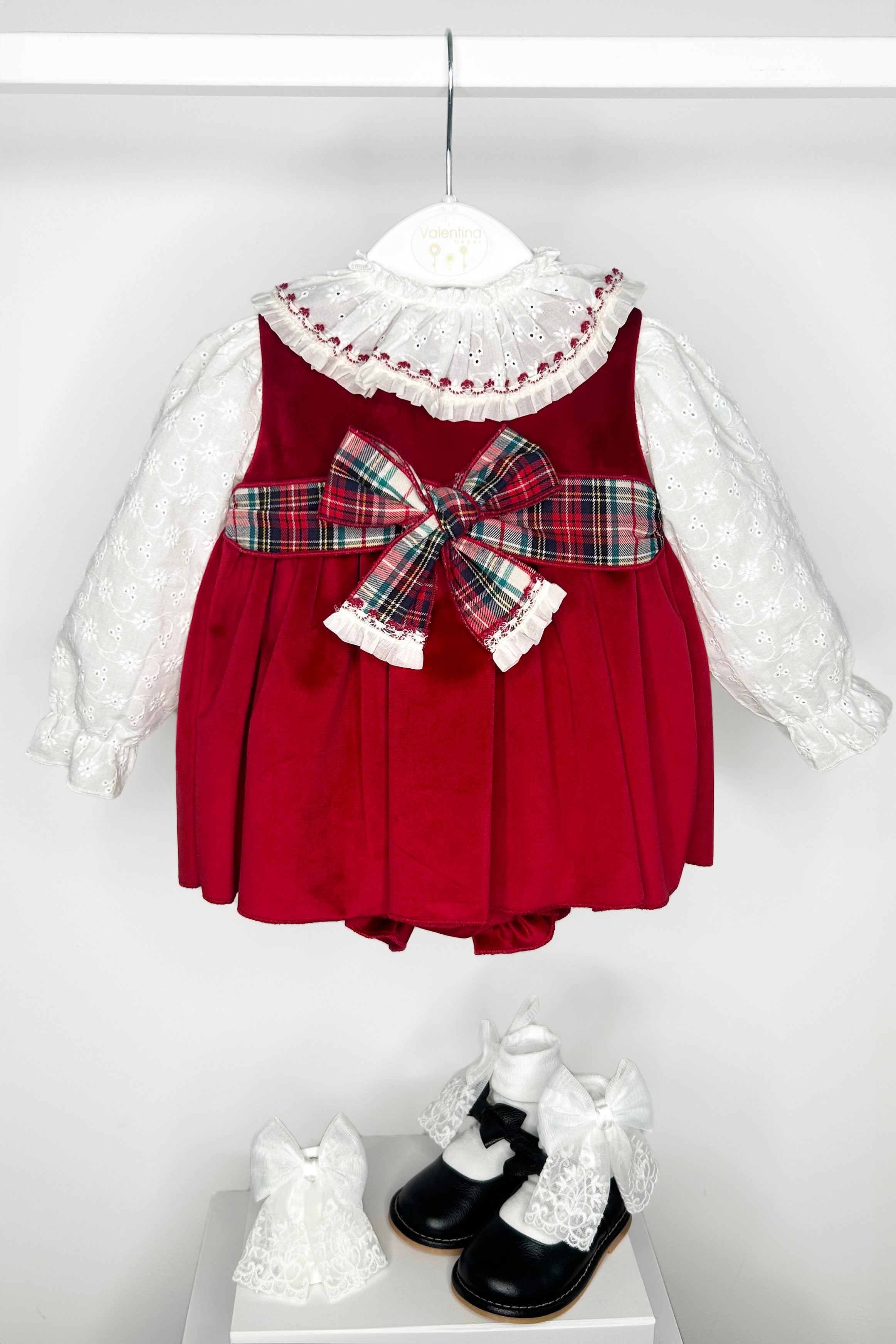 Katie Broderie Anglaise Blouse & Red Velvet Pinafore Dress Set for Girls | Vintage Floral Embroidered Top & Velvet Jumper Outfit | Perfect for Christmas Photos, Birthday Parties & Special Occasions