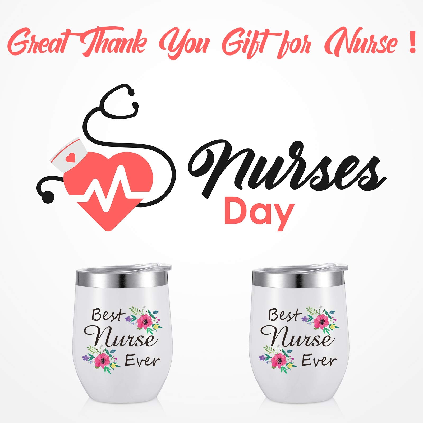 2-Pack Best Nurse Ever Stainless Steel Wine Tumblers - 12 oz Insulated Cups with Lid & Straw - Perfect Nurse Practitioner Gifts for Graduation, Birthday & Nurse Week - Ideal for Hospitals, Clinics & Home Use (White)