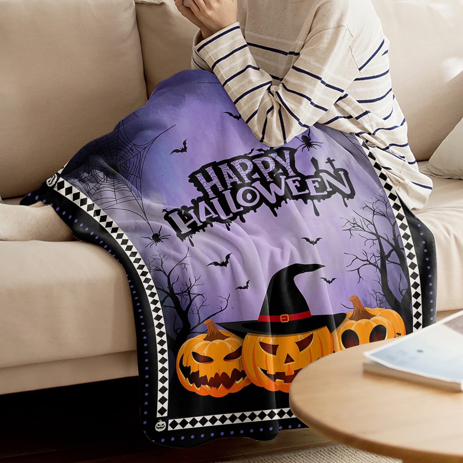 Halloween Pumpkin Blanket - Super Soft Flannel Fleece Throw Blanket with Bats & Diamond Purple Plaid Border - Lightweight, Cozy & Warm Fuzzy Plush Microfiber Blanket for Couch, Bed, Sofa (40x60 Inches) - Perfect for Fall Decor, Movie Nights & Seasonal Home Comfort
