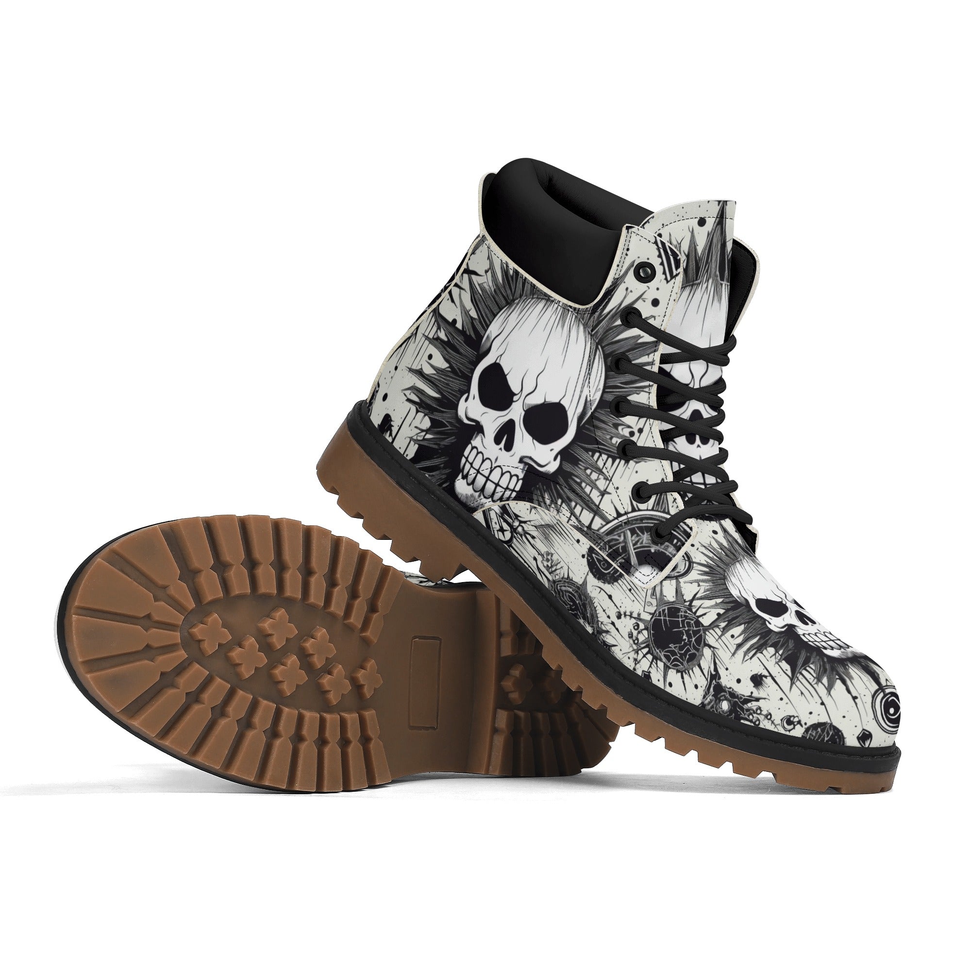 Punk Rock Skull Leather Brown Outsole All Season Boots for Men & Women - Gothic Fashion, Motorcycle Riding, Halloween Costume, Streetwear