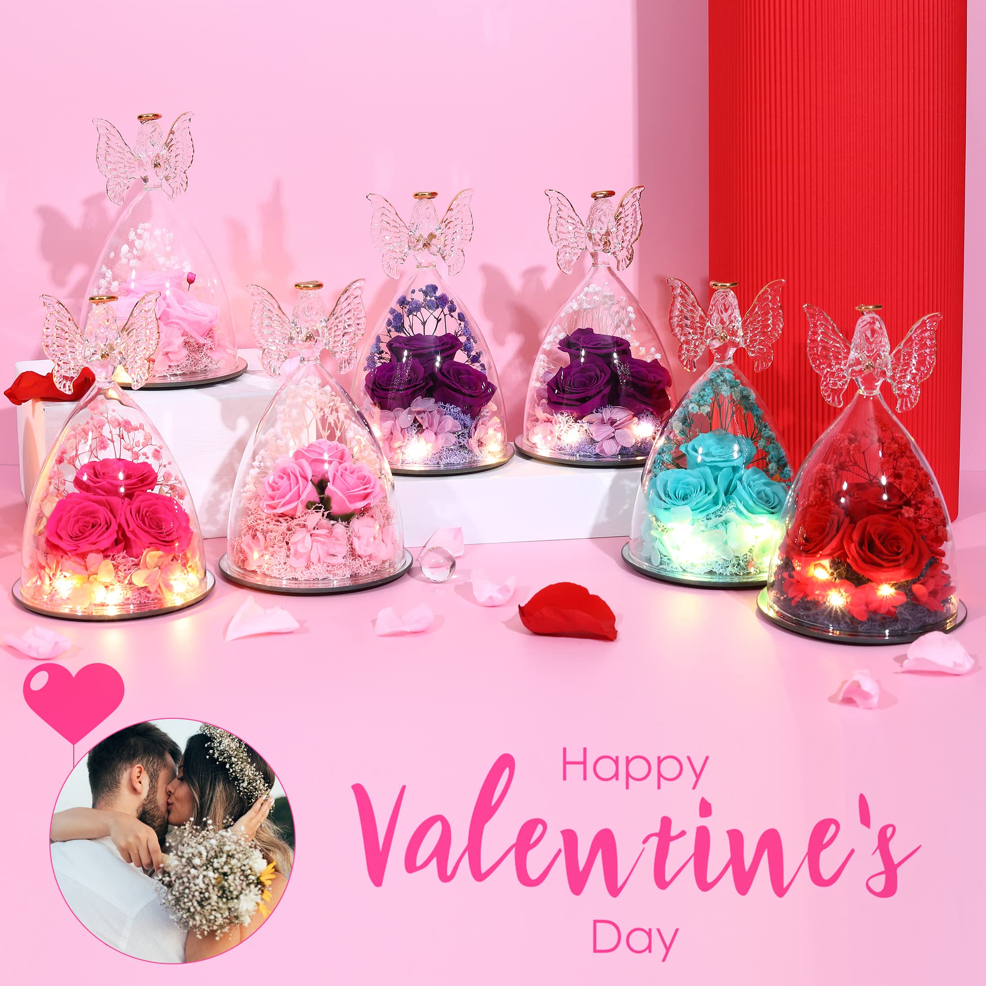 Glass Angel Figurine with 3 Preserved Real Roses - Eternal Rose Gift for Women, Mothers Day Present, Home Decor & Romantic Keepsake - Tify Blue