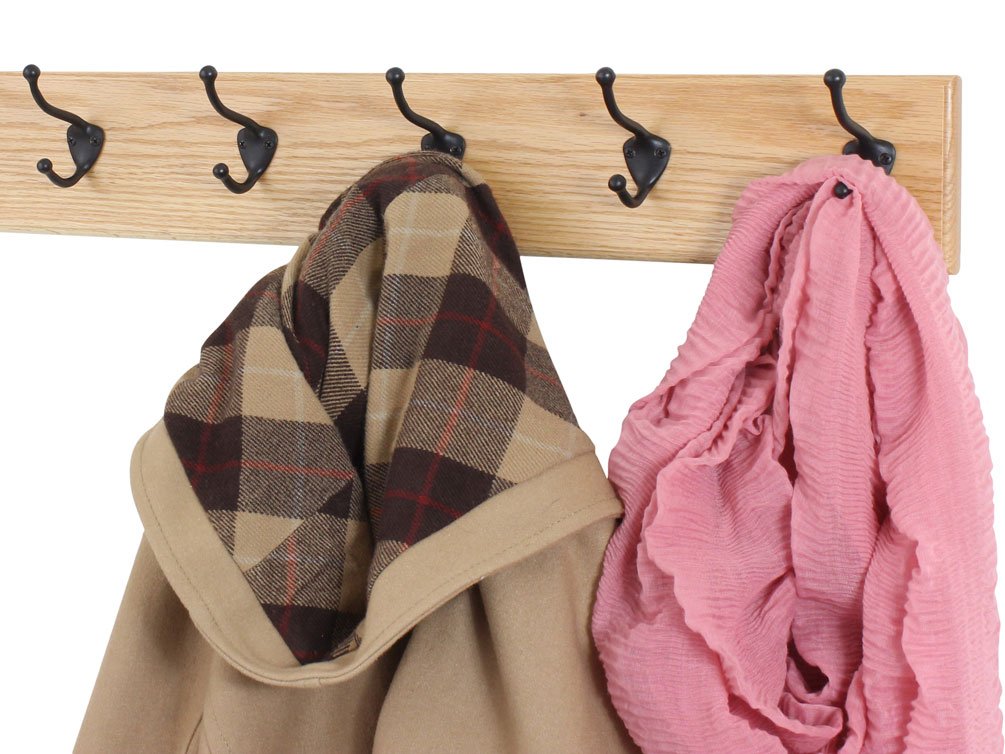 Premium Solid Oak Wall Mounted Coat Rack with 5 Bronze Hooks - 4.5