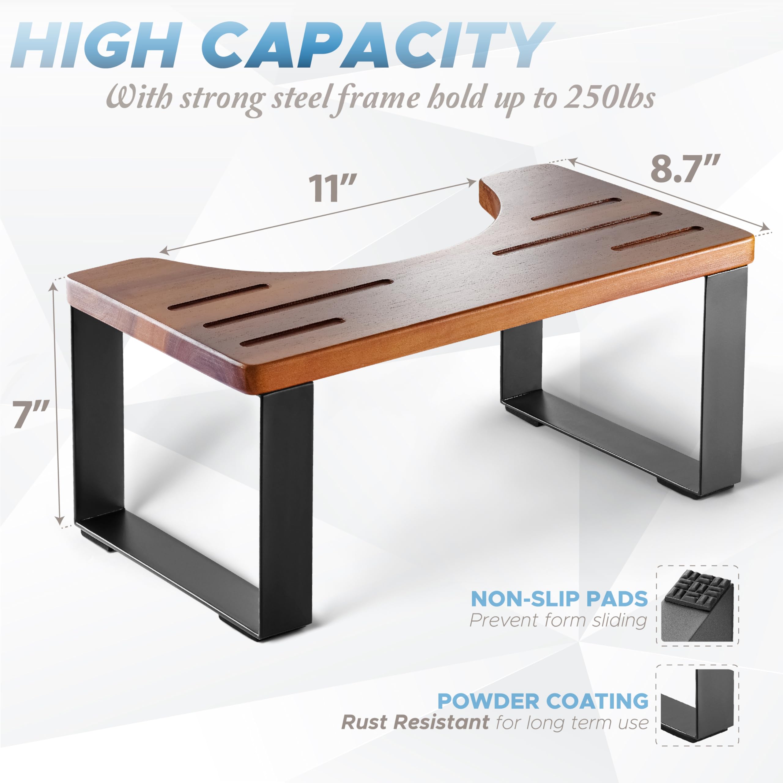 BLUEWEST 7 Inch Acacia Wood Toilet Stool with Steel Frame - Non-Slip Bathroom Step Stool for Adults & Kids, Potty Training Aid, Durable Squatting Support for Better Digestion & Comfort - Ideal for Home, RV & Travel Use