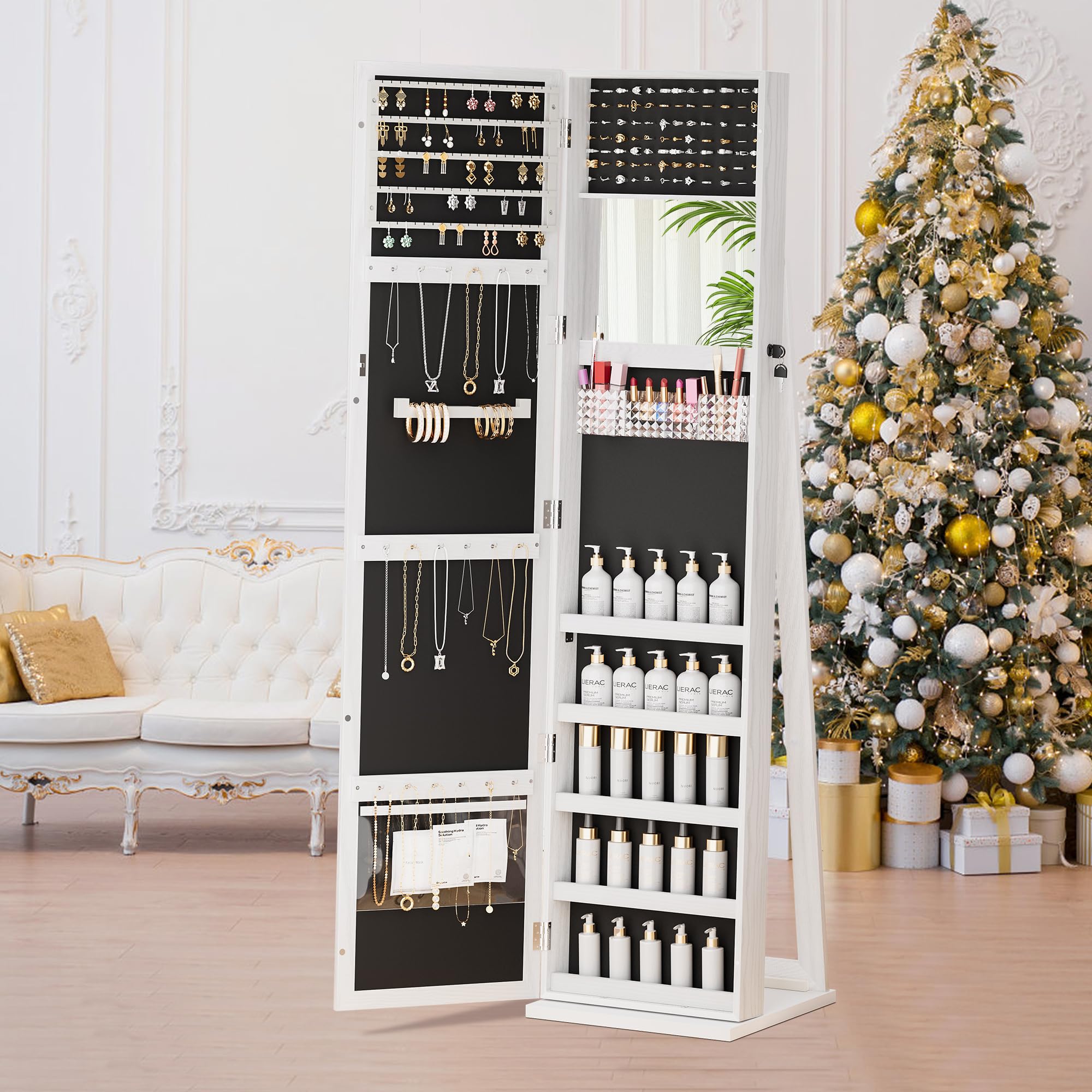 Full Length Mirror Jewelry Cabinet with Lock - Standing Jewelry Armoire Organizer for Women & Girls, White - Perfect for Bedroom, Closet & Dressing Room Storage