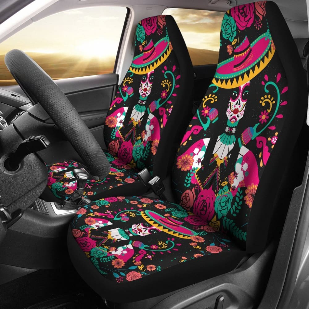 2 Pcs Sugar Skull Car Seat Covers - Premium Universal Fit for Cars, Trucks & SUVs - Day of the Dead Design - Protect Your Seats in Style - Perfect for Halloween, Dia de los Muertos & Mexican Themed Decor