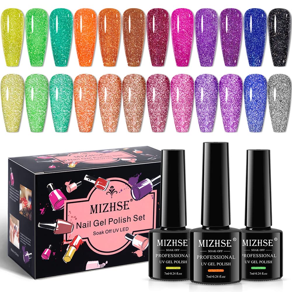 MIZHSE Neon Reflective Glitter Gel Nail Polish Set - 12 Colors (7ml Each) with Sparkly Disco Diamond Effect, Soak Off UV LED Gel for Manicure | Perfect for Nail Art, Salon, Party & Night Out Glam Looks