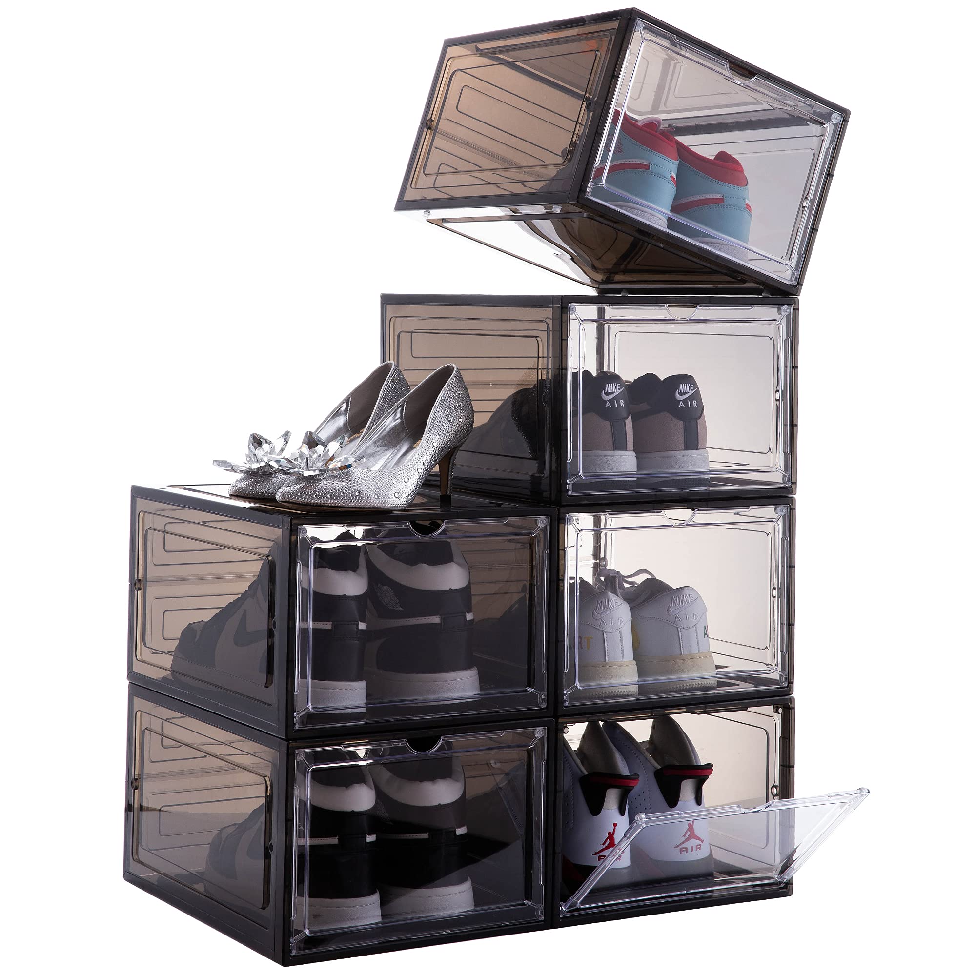Attelite Stackable Clear Plastic Shoe Storage Box Organizer with Magnetic Door - Set of 6, Thick & Sturdy, Easy Assembly, Fits Up to US Men's Size 12 (Black) - Perfect for Closet Organization, Sneaker Display, and Shoe Collection Storage