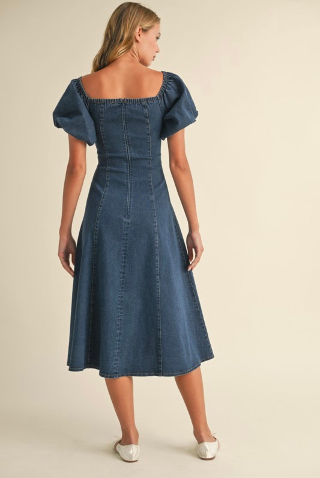 Stylish Denim Puff Sleeve A-Line Midi Dress for Women | Vintage Inspired Casual & Party Wear | Perfect for Date Nights, Office Outfits and Summer Events