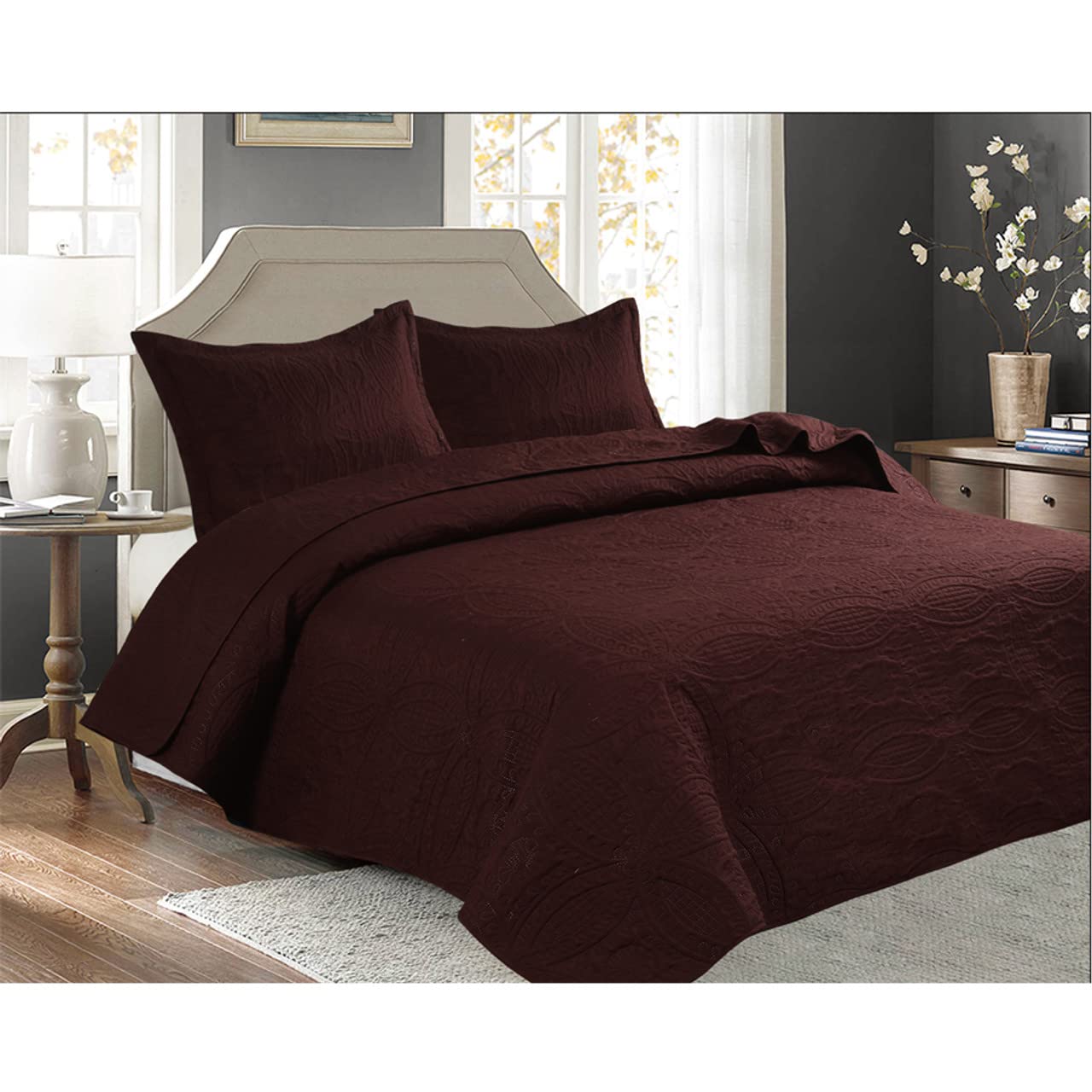 Reversible Queen Bedspread Set - Brown Floral Microfiber Coverlet for Cozy Bedroom Decor
