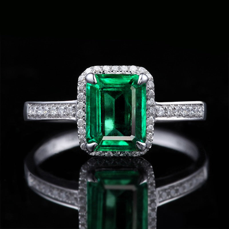 1.50 Carat Emerald Cut Green Emerald & Moissanite Diamond Halo Engagement Ring in 14K White Gold - Perfect for Proposals, Anniversaries & Bridal Jewelry