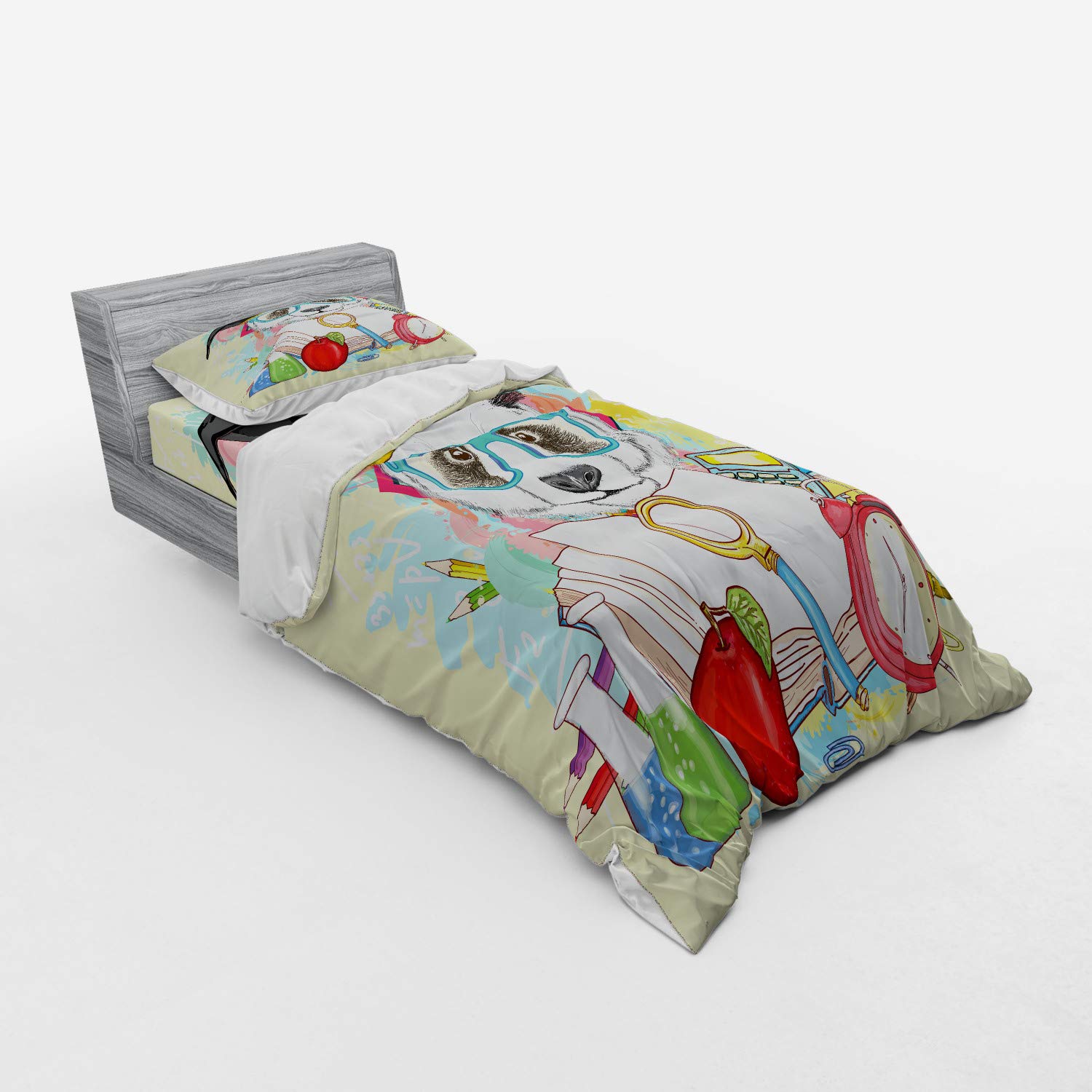 Ambesonne Panda Graphic Duvet Cover Set - 3 Piece Twin Size Bedding with Sham & Fitted Sheet, Hipster Animal Print for Kids & Teens Room Decor - Perfect for Cozy Bedrooms & Fun Themed Spaces