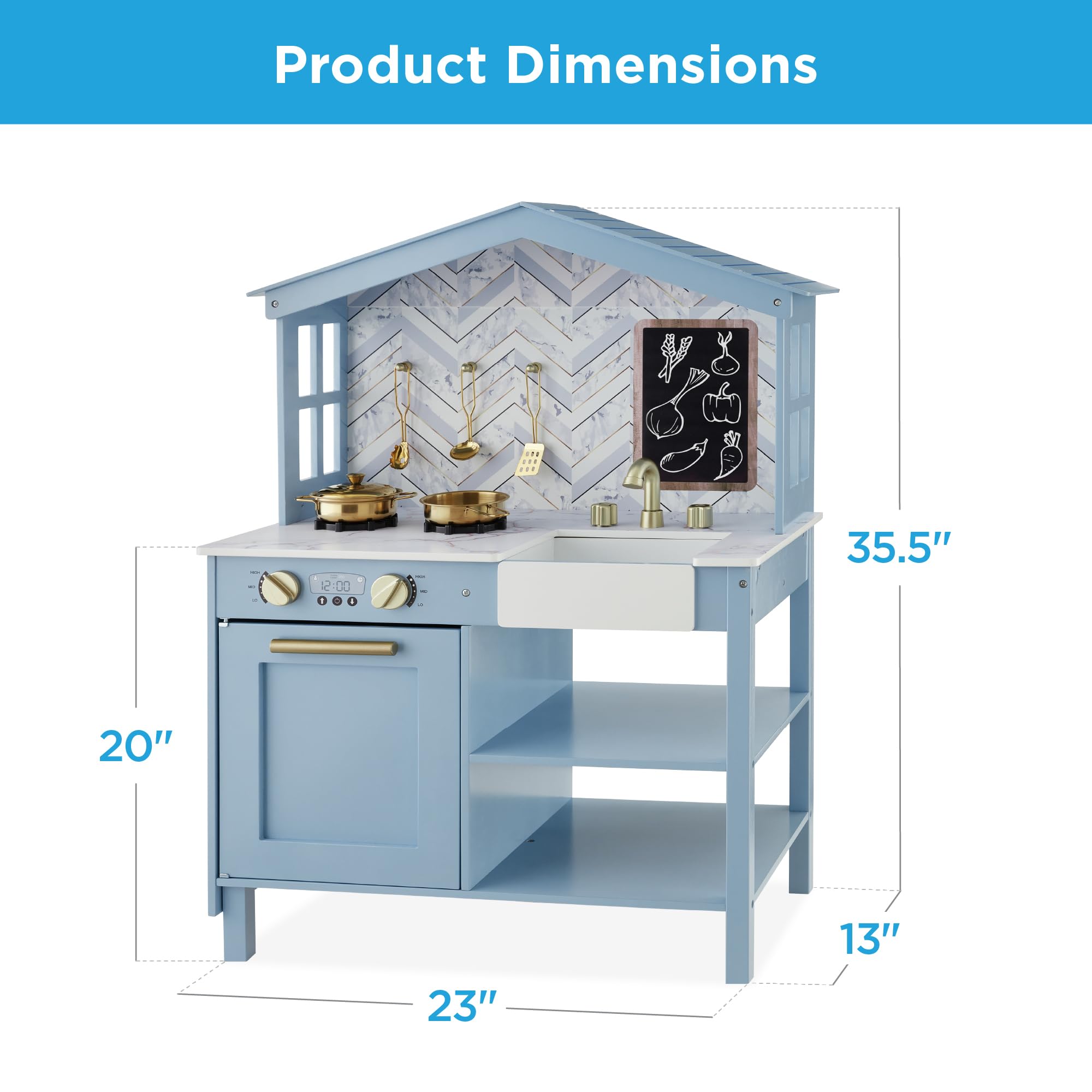 Best Choice Products Wooden Farmhouse Play Kitchen Toy for Kids - Pretend Play Set with Chalkboard, Marble Backdrop, Windows & Storage Shelves (5 Accessories Included) - Beveled Blue - Perfect for Imaginative Play, Birthday Gifts & Preschool Learning Activities