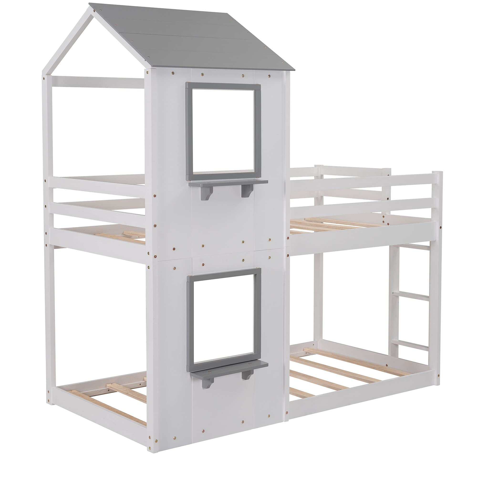 Kids House Shaped Bunk Bed with Roof, Window & Safety Guardrail - Twin Over Twin Loft Bed with Ladder for Boys & Girls - Beautiful White Design - Perfect for Bedrooms, Playrooms & Small Spaces