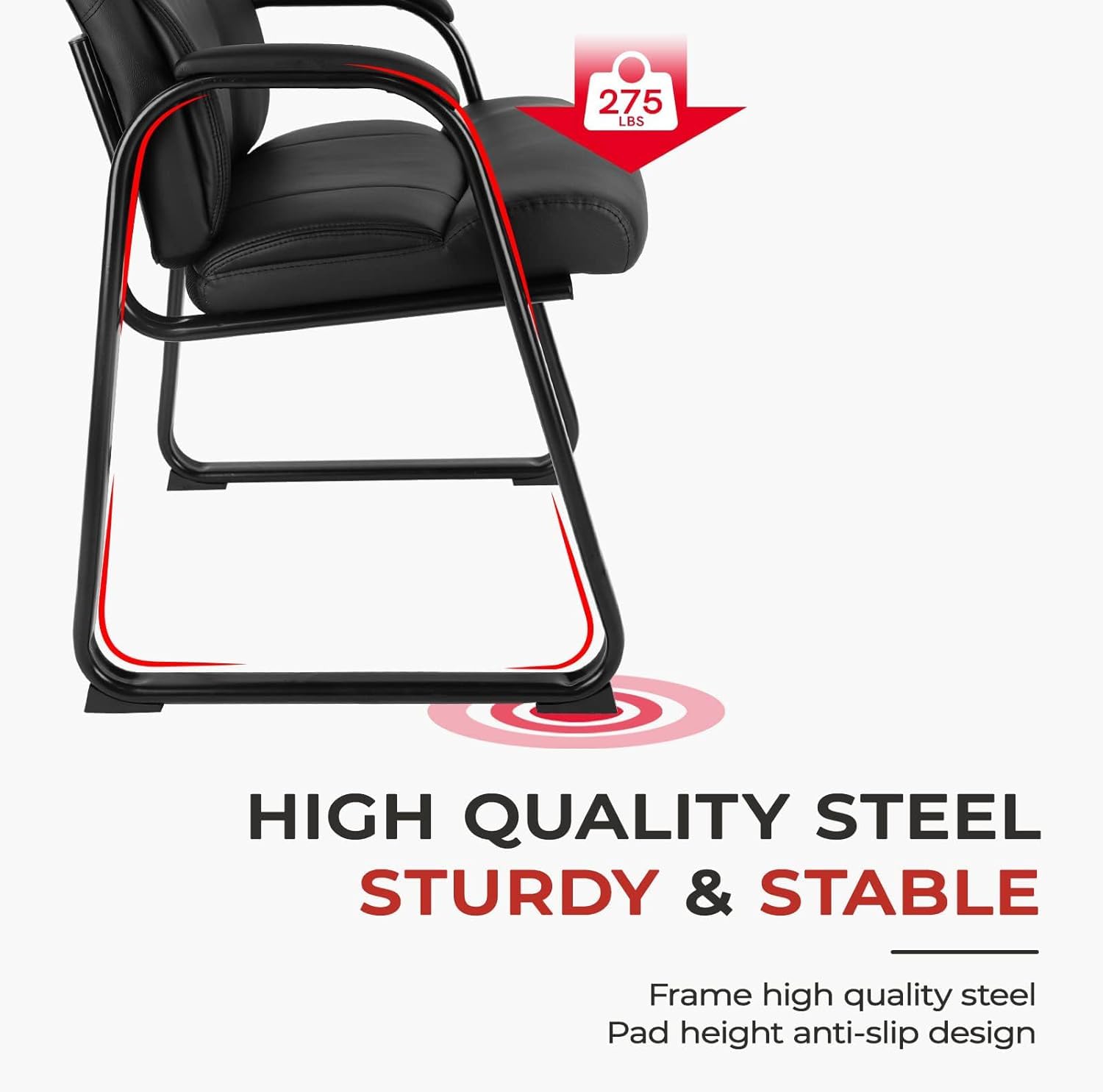 CLATINA Office Guest Chair - Leather Reception Chair with Padded Armrests, Sled Base, No Wheels - Set of 4 Black - Perfect for Conference Rooms, Waiting Areas & Home Offices