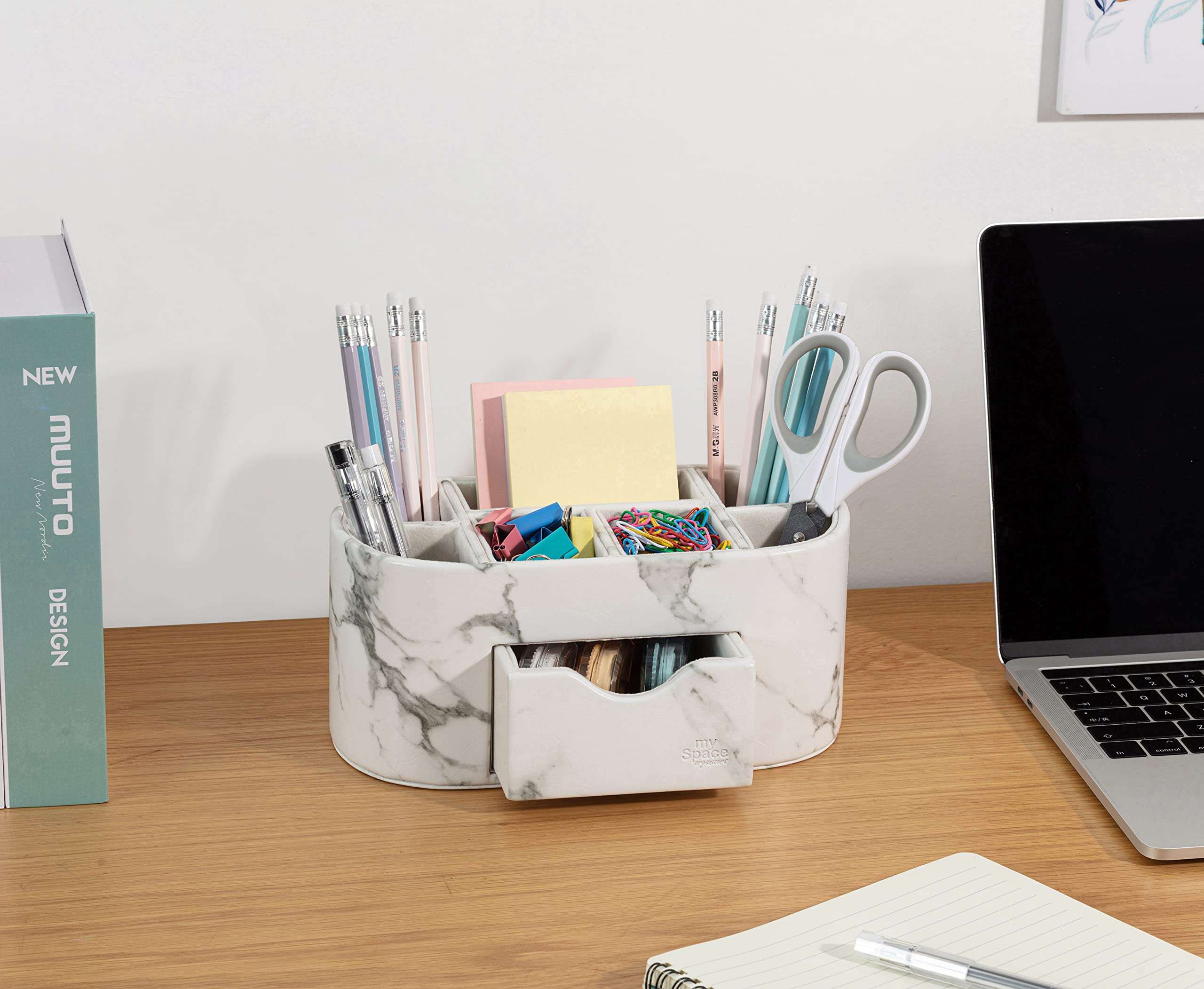 Elegant Marble Desk Organizer for Office & School Supplies - Stylish Pencil & Pen Holder with Faux Leather - Perfect for Home, Office, College & Dorm Organization - Ideal for Decluttering Desks & Boosting Productivity