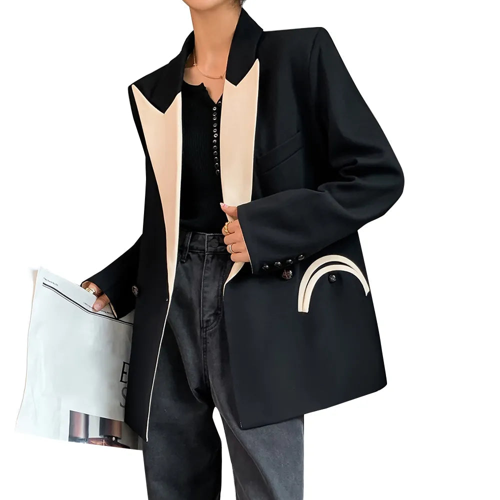 Women's Black Notched Long Sleeve Loose Blazer with Patchwork Pockets - Elegant Autumn Jacket for Office Wear, Business Casual & Fall Outfits