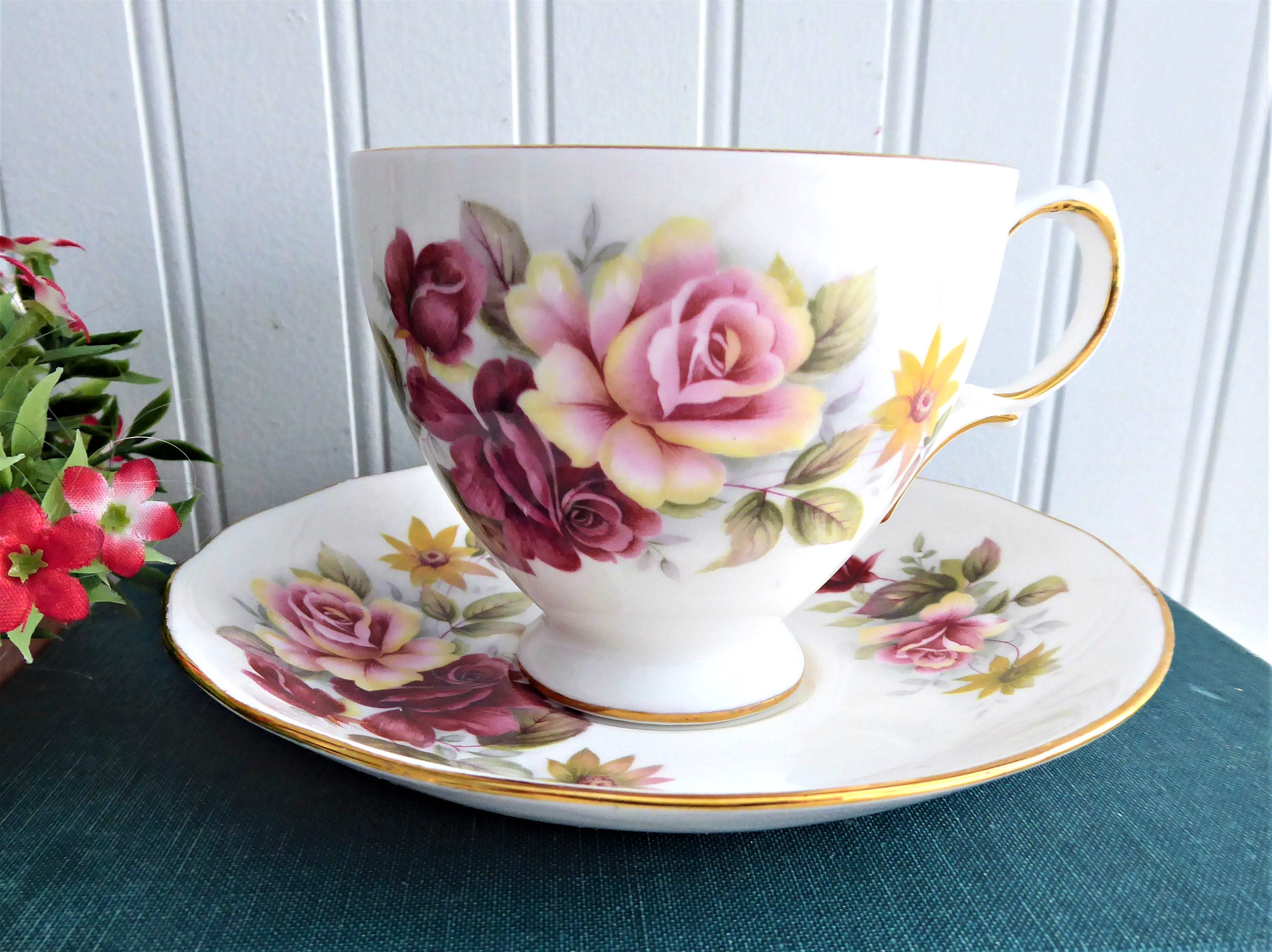 Vintage 1960s Pink Maroon Roses Queen Anne English Bone China Tea Cup and Saucer Set - Elegant Afternoon Tea, Bridal Shower, Wedding Gift, Collectible Fine China for Tea Lovers