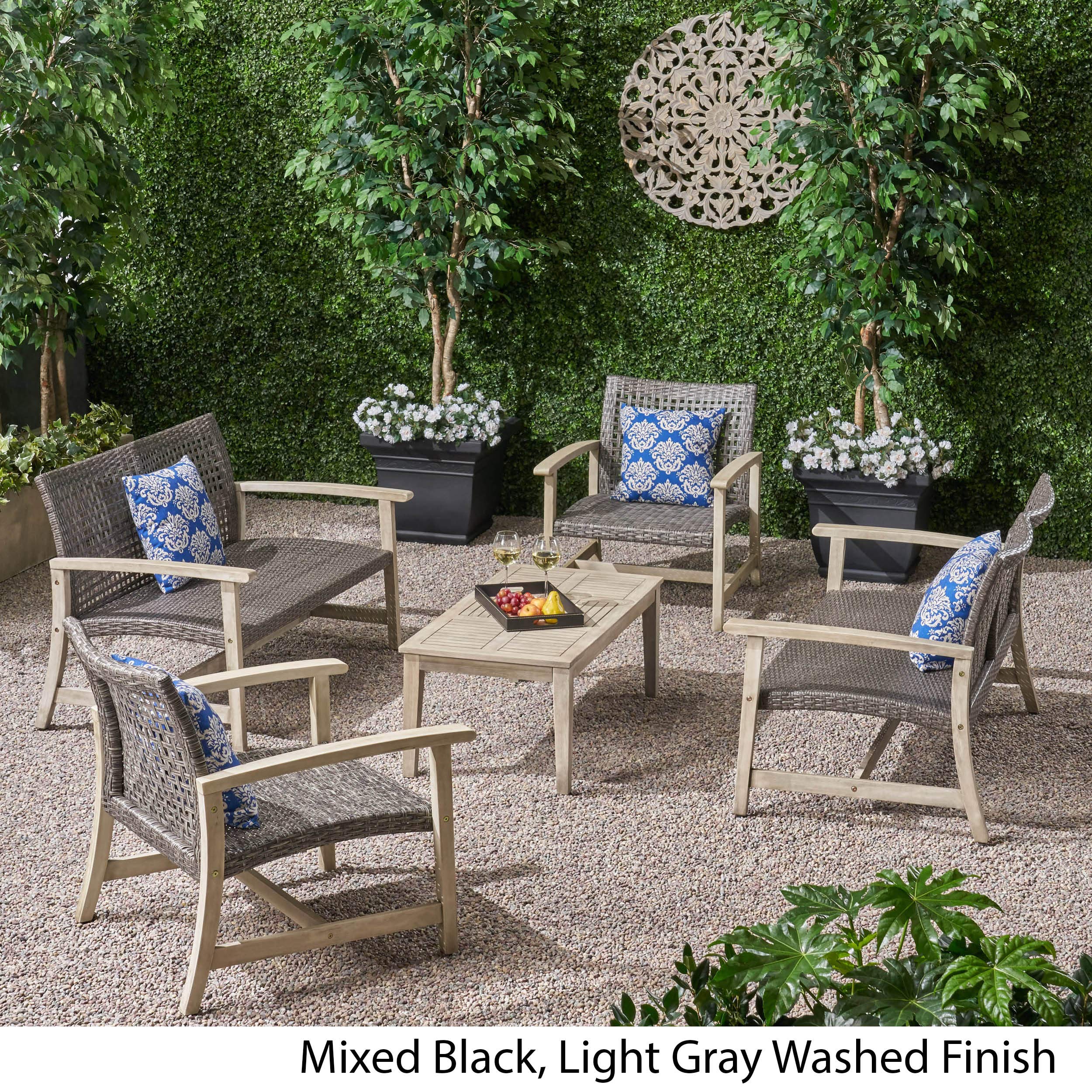 GDFStudio 5-Piece Outdoor Wood and Wicker Loveseat Chat Set in Black - Patio Furniture for Garden, Deck, and Backyard Relaxation