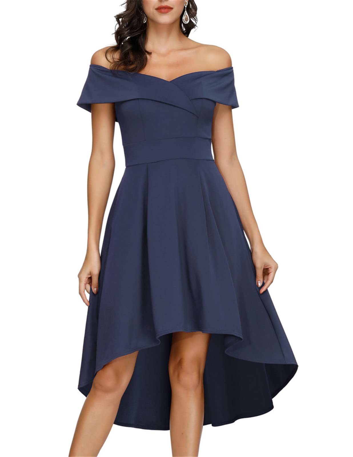 JASAMBAC Women's Off Shoulder High-Low A-Line Cocktail Dress for Wedding Guest, Party, Prom & Special Occasions - Elegant Formal Evening Gown for Dinners, Date Nights & Celebrations