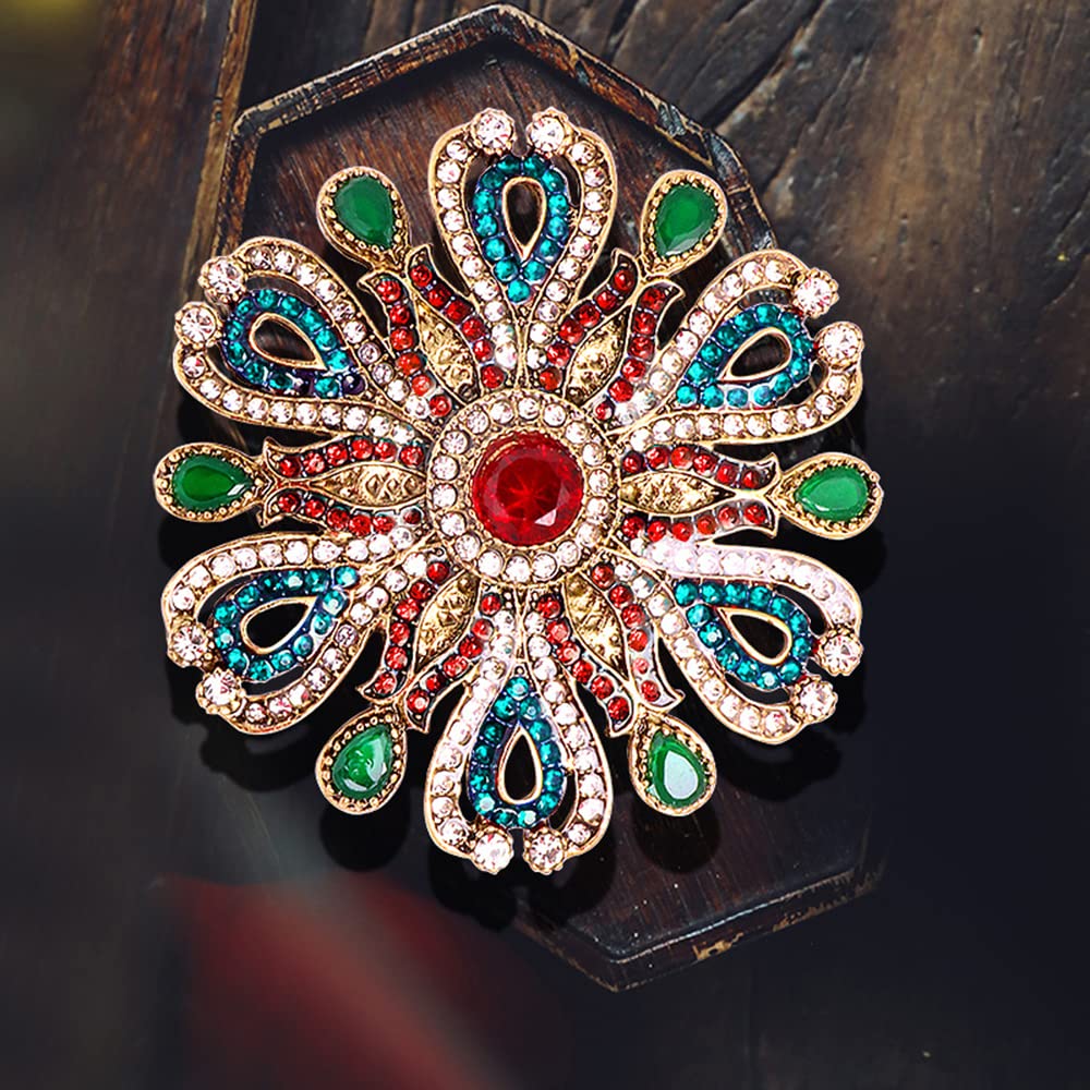 Elegant Rhinestone Baroque Flower Brooch Pin for Women - Red & Green Crystal Snowflake Lapel Pin | Perfect for Dresses, Suits, Weddings & Anniversary Gifts