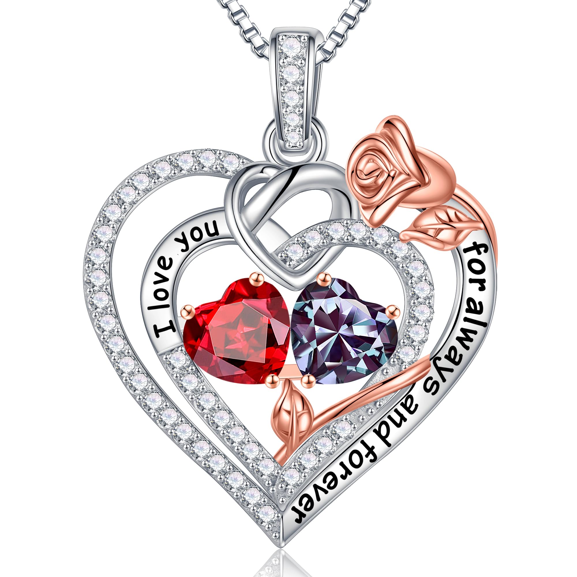Rose Heart Necklace for Women - 925 Sterling Silver Double Birthstone Pendant, Anniversary Birthday Gift for Wife, Girlfriend, Mom | Romantic Jewelry for Valentine's Day, Mother's Day & Special Occasions