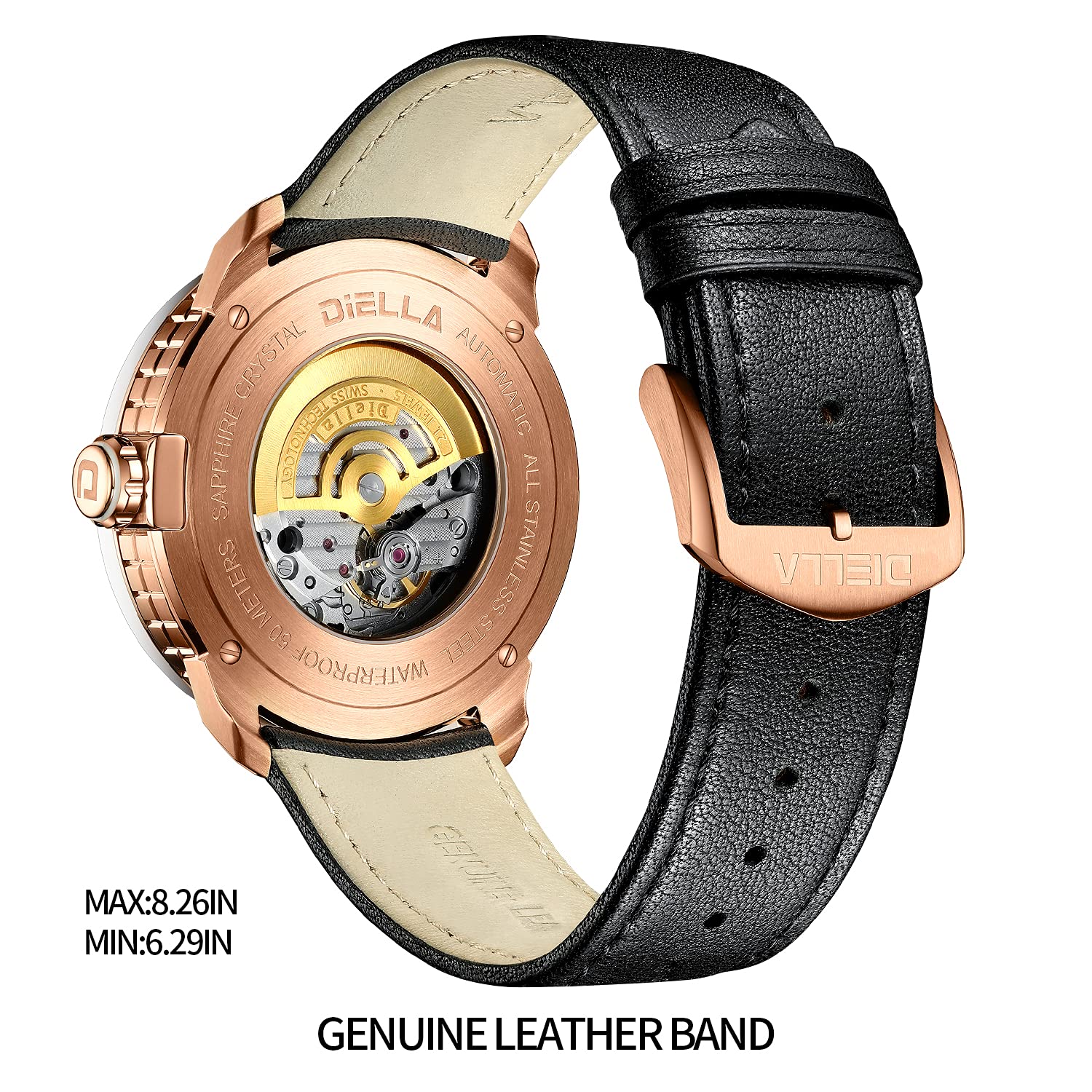 Diella Automatic Men's Watch - Black Leather Strap, Mechanical Movement, Waterproof, Luminous Hands, Date Display (Model AD6029) | Perfect for Business, Formal Occasions & Everyday Wear
