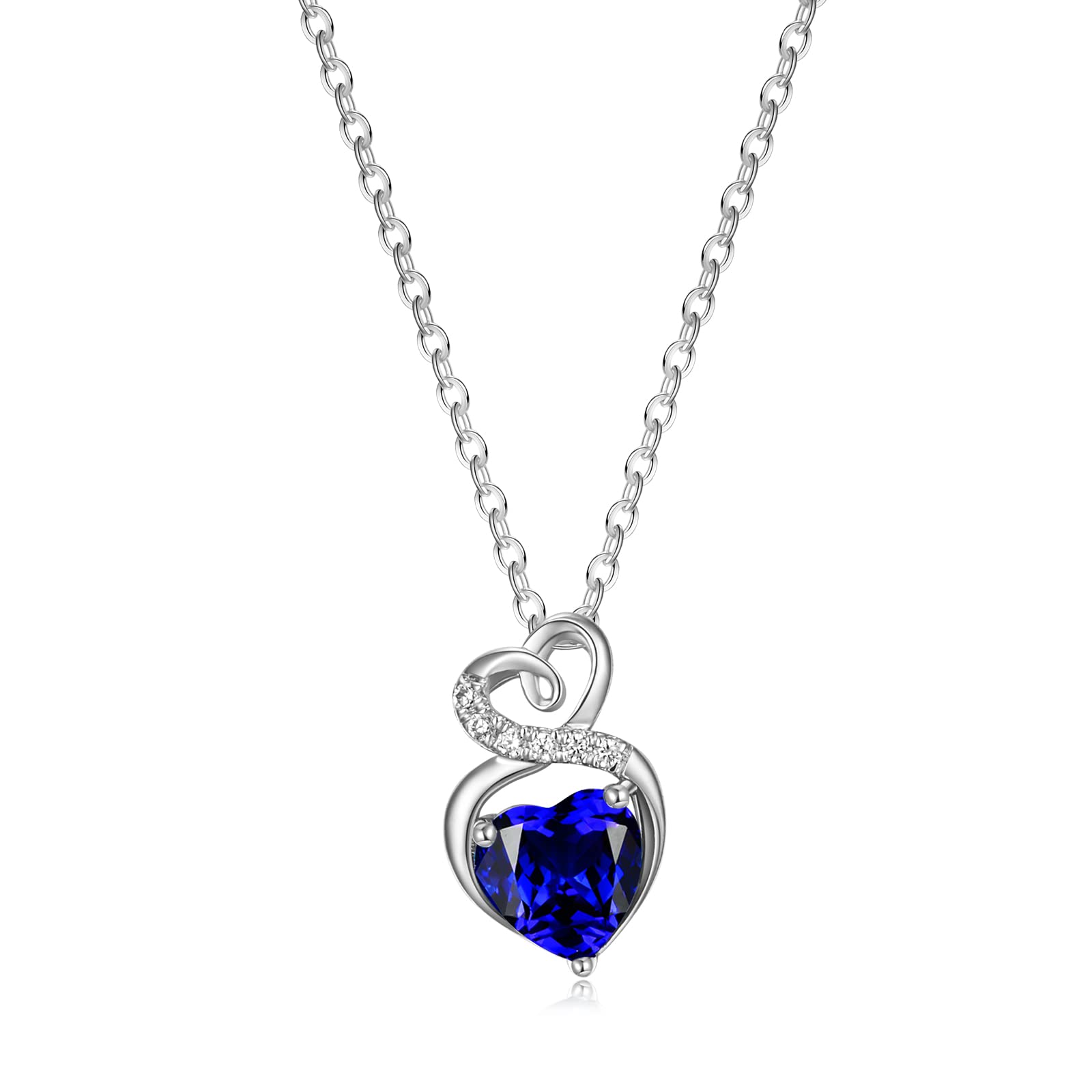 14K Solid White Gold Birthstone Necklace with Sterling Silver Chain - 1.5 CT Gemstone Heart Pendant - Dainty Fine Jewelry for Women (16
