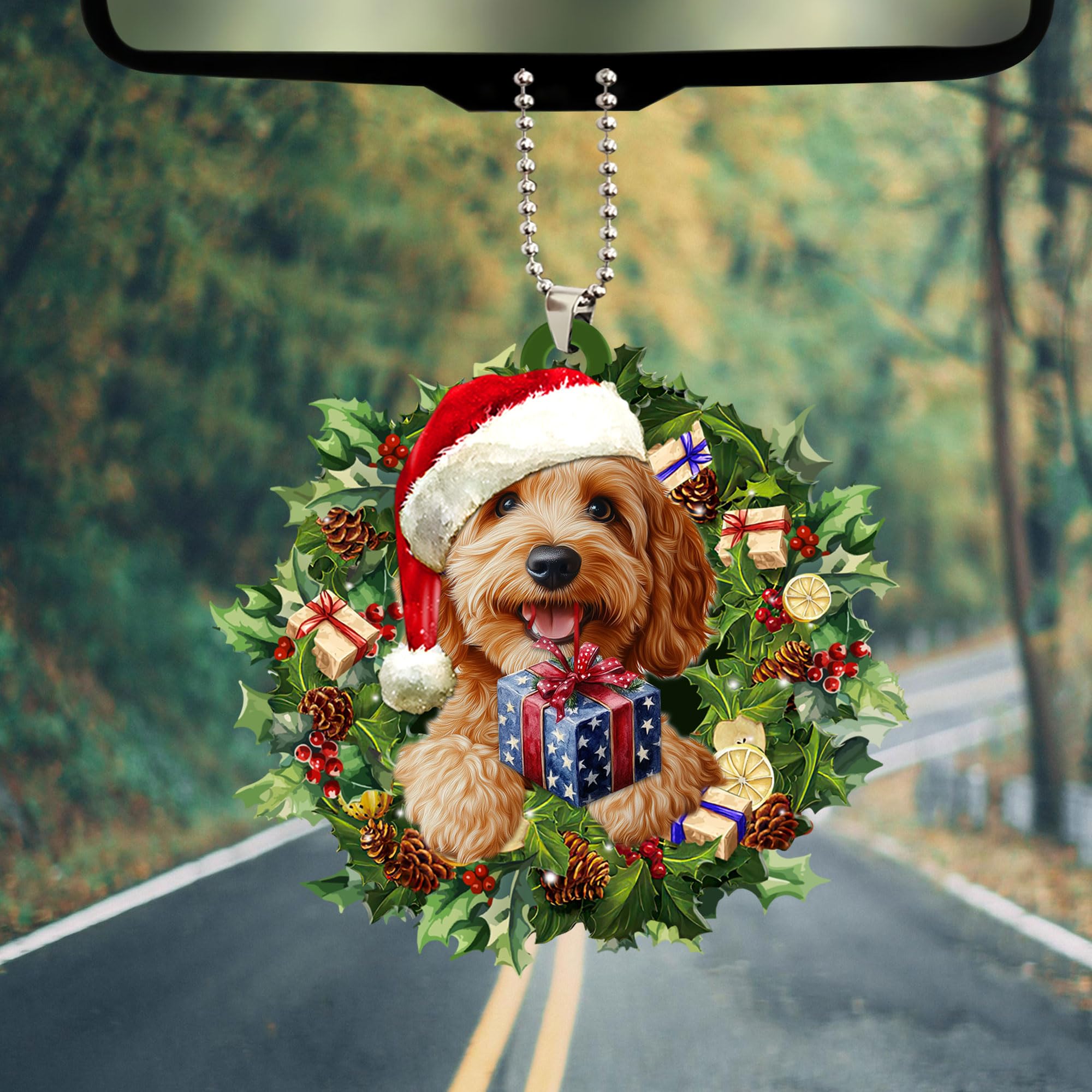 Talataca Goldendoodle Christmas Hat Wreath 2D Car Mirror Charm - Dog Lover Gift, Holiday Car Ornament & Interior Decor for Christmas, Perfect for Pet Owners & Festive Vehicle Decoration