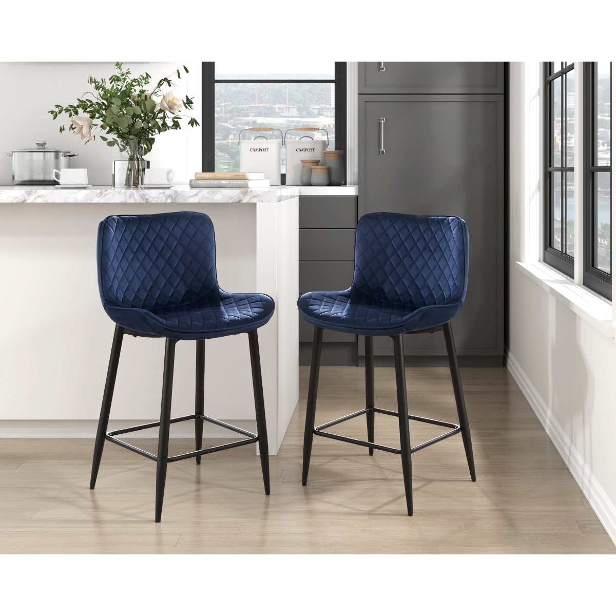 Luxury Blue Velvet Counter Height Chairs with Quilted Stitching - Set of 2 Bar Stools for Kitchen Island, Breakfast Nook & Dining Room Decor