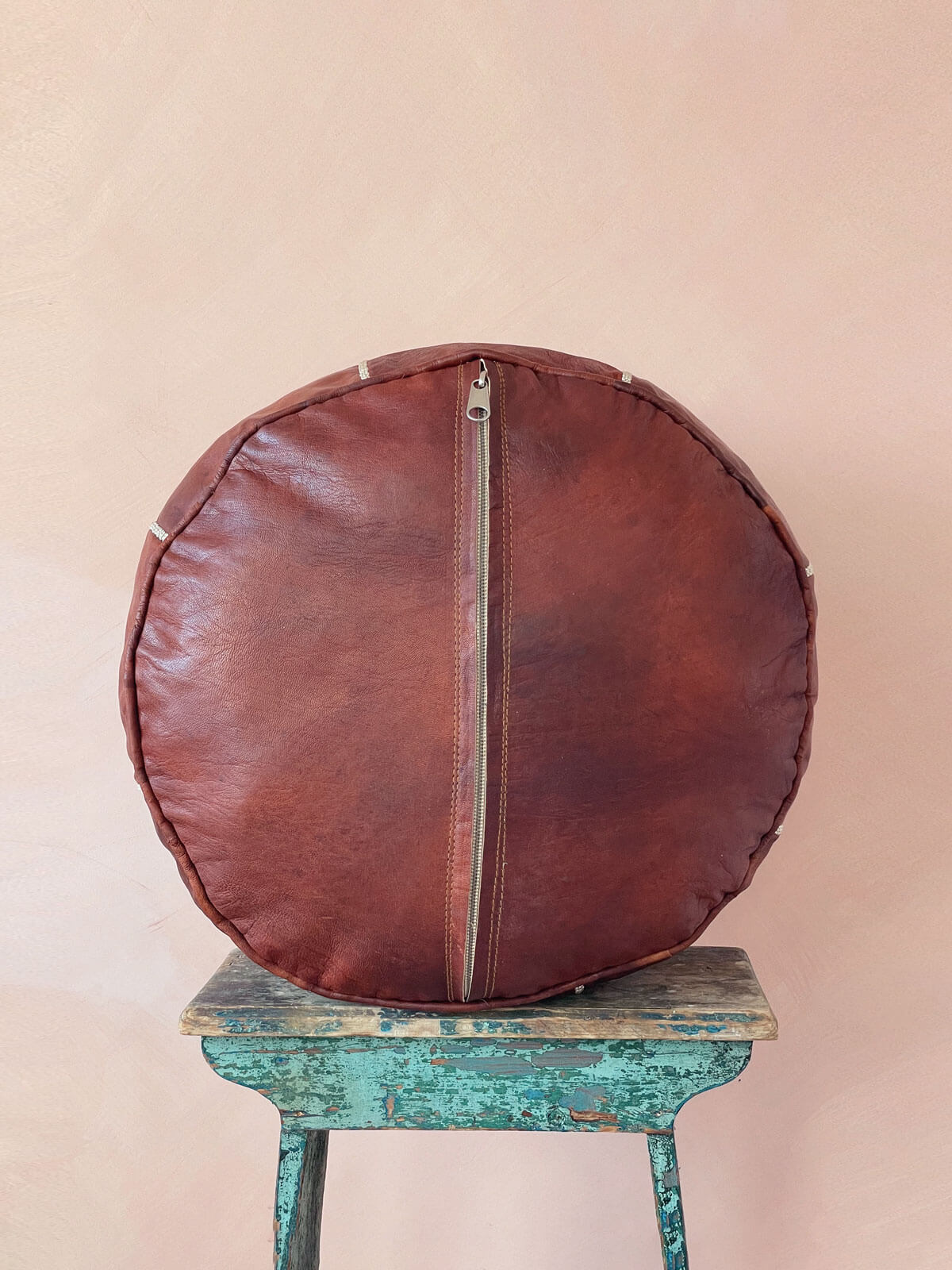 Handmade Moroccan Leather Tile Pouffe Ottoman - Chestnut Brown Footstool for Living Room, Bedroom & Boho Decor