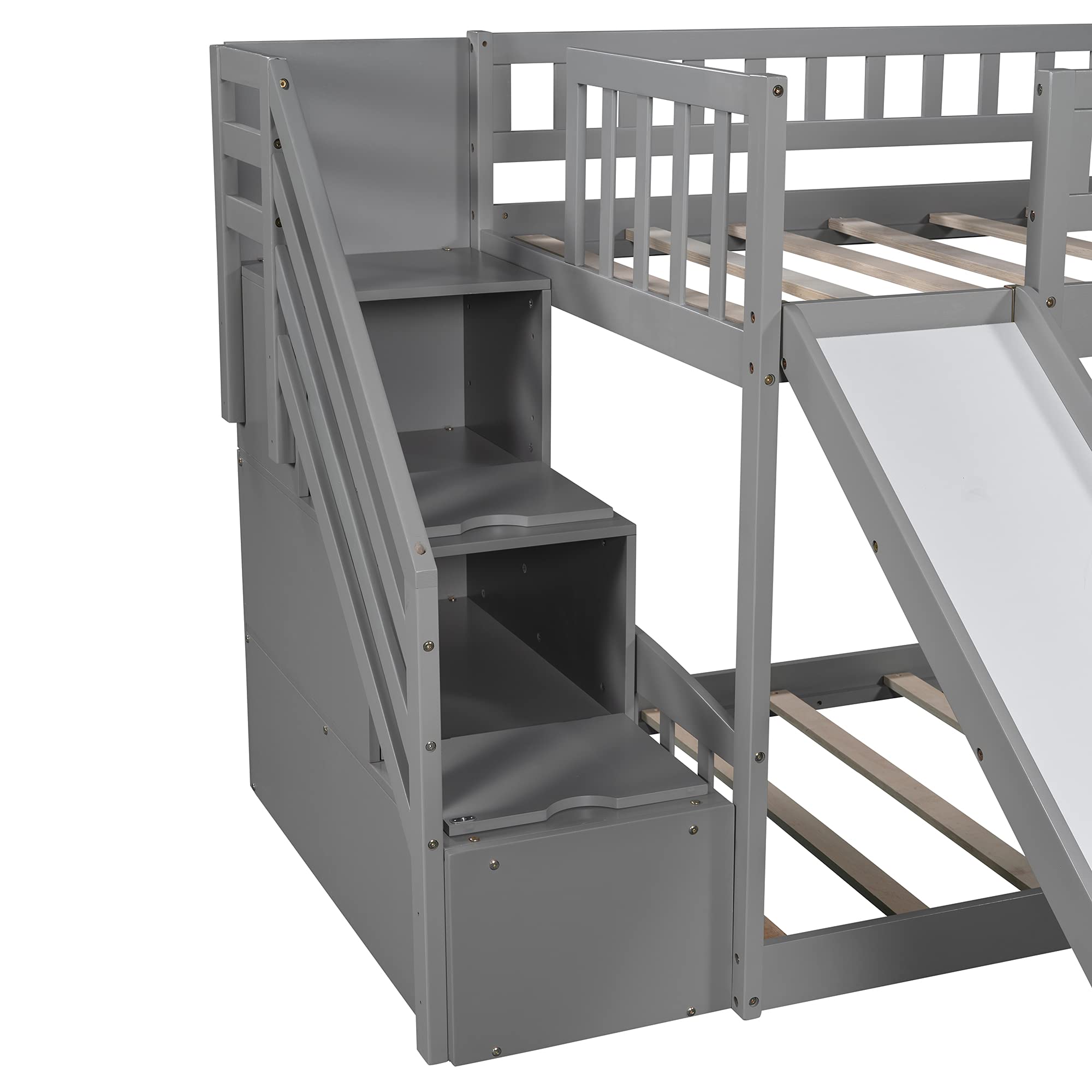 **Kids Wooden Twin Over Twin Low Bunk Bed with Slide & Staircase - Storage Shelves, Handrail & Optional Drawers on Both Sides (Gray) - Perfect for Small Bedrooms, Playrooms & Sleepovers**