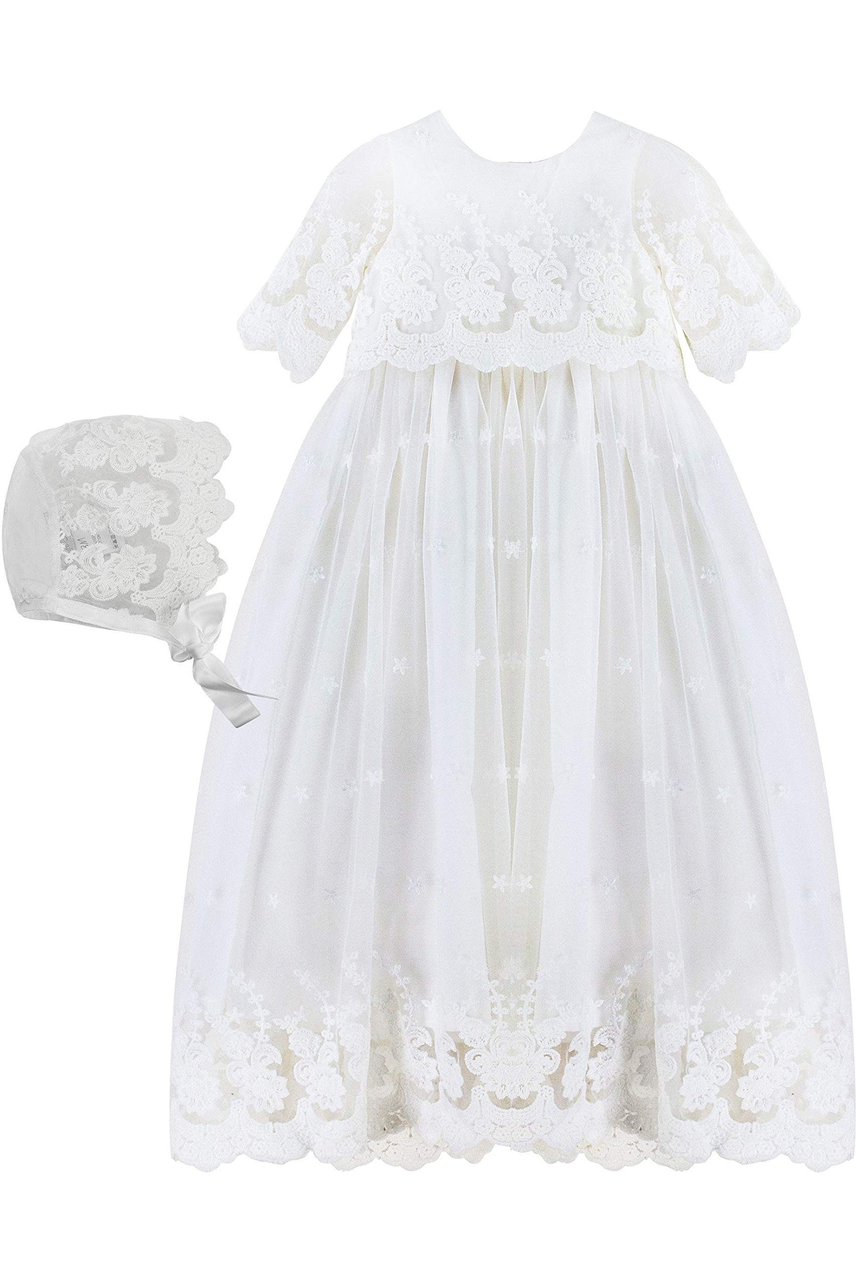 Baby Girl Star Lace Christening Gown & Bonnet Set - Elegant Baptism Outfit for Newborns, First Communion & Special Occasions