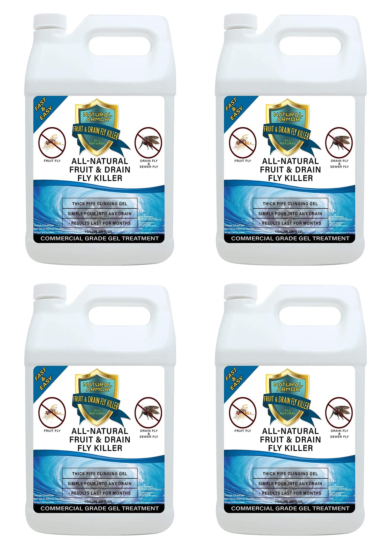 **Powerful Fruit Fly & Drain Fly Killer Gel - Commercial Strength Drain Treatment (128 Oz, Case of 4) - Eliminates Fruit Flies, Drain Flies, Sewer Flies & Gnats Fast - Easy-to-Use for Kitchens, Bathrooms & Commercial Spaces**
