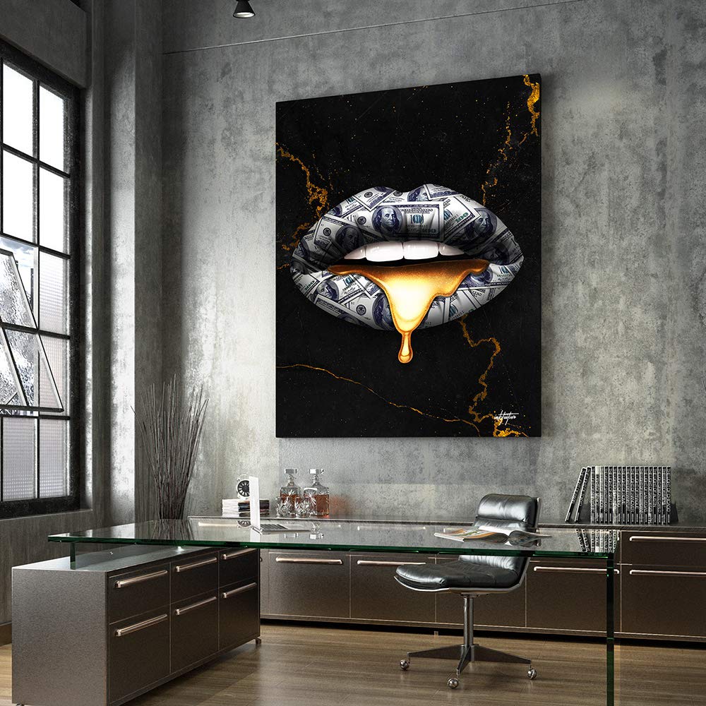 Inktuitive Lips 'Money Talks' Canvas Wall Art - 40x30 Inch Printed Modern Wall Decor with Black Frame | Motivational Office & Home Decor for Passion & Money Mindset | Perfect for Living Room, Bedroom, or Workspace Inspiration