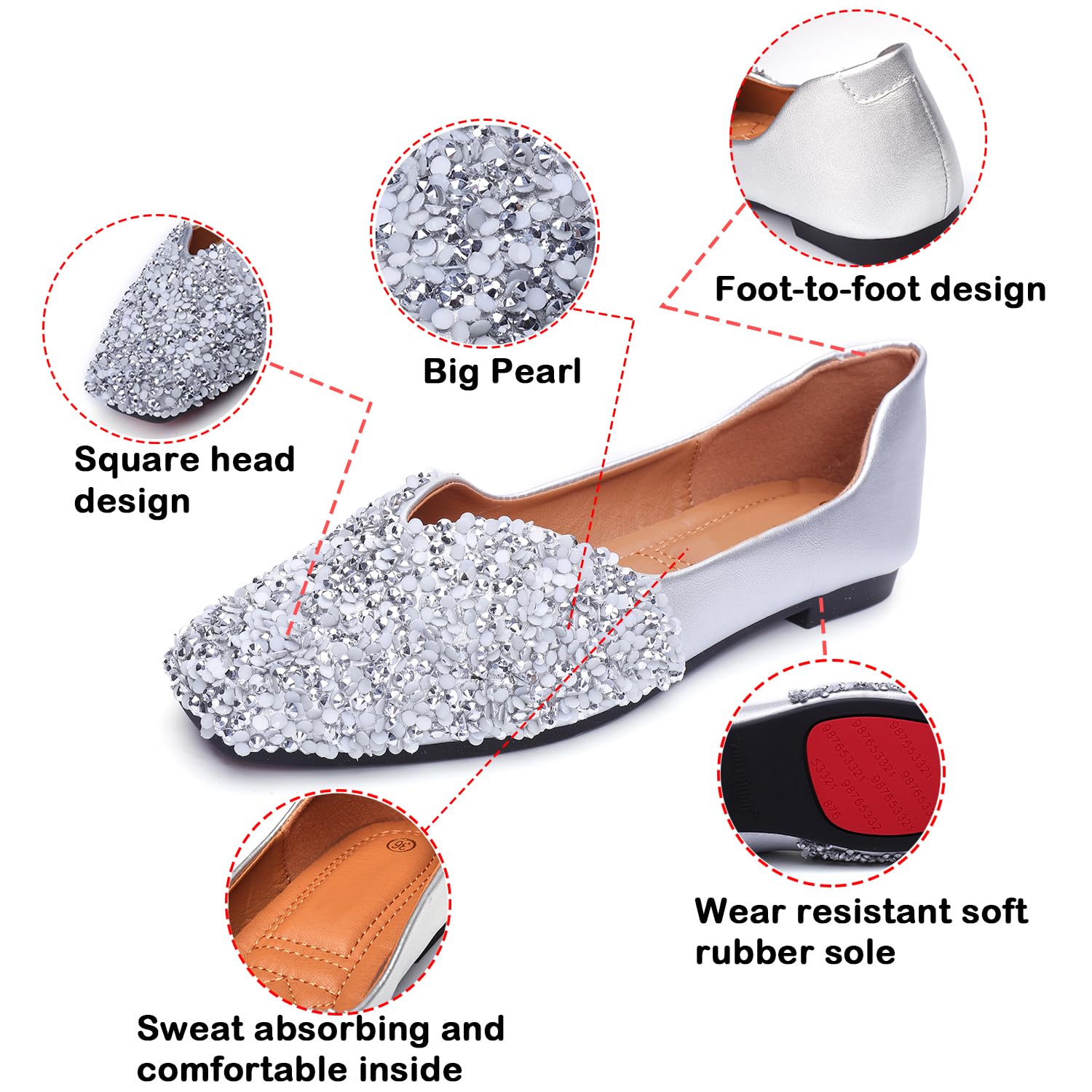 Sparkly Rhinestone Ballet Flats for Women - Comfortable Square Toe Slip-On Dress Shoes with Low Heel - Perfect for Weddings, Parties & Office Wear