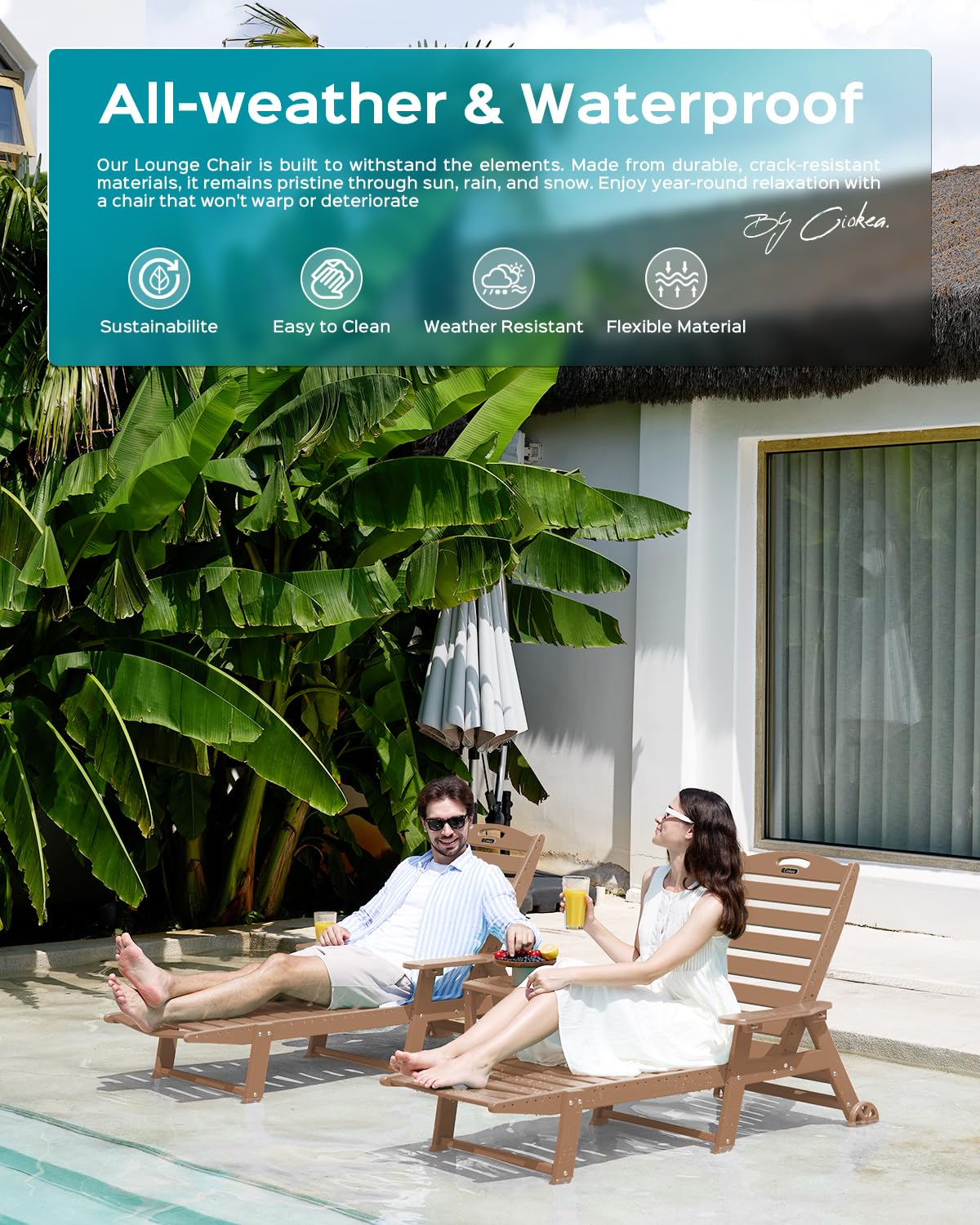 Premium Oversized HDPE Patio Lounge Chair with 5-Position Adjustable Back & Wheels - Outdoor Chaise with Cup Holder for Poolside, Deck, Garden & Backyard Relaxation