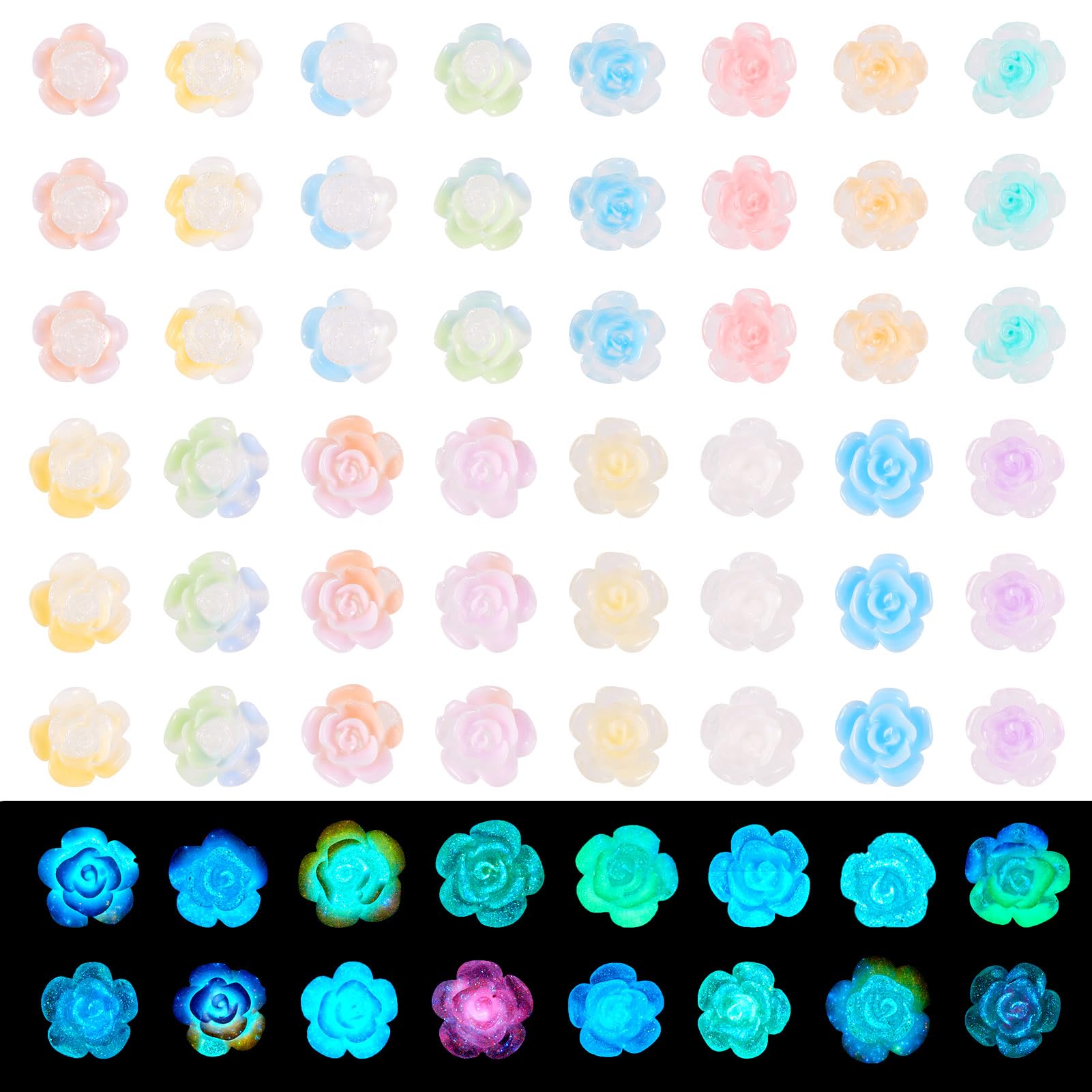 200 Pcs Glow in The Dark Mini Resin Flower Charms - Luminous Rose Flatback Cabochons for DIY Crafts, Nail Art, Scrapbooking & Hair Accessories | Perfect for Nighttime Decor & Party Favors