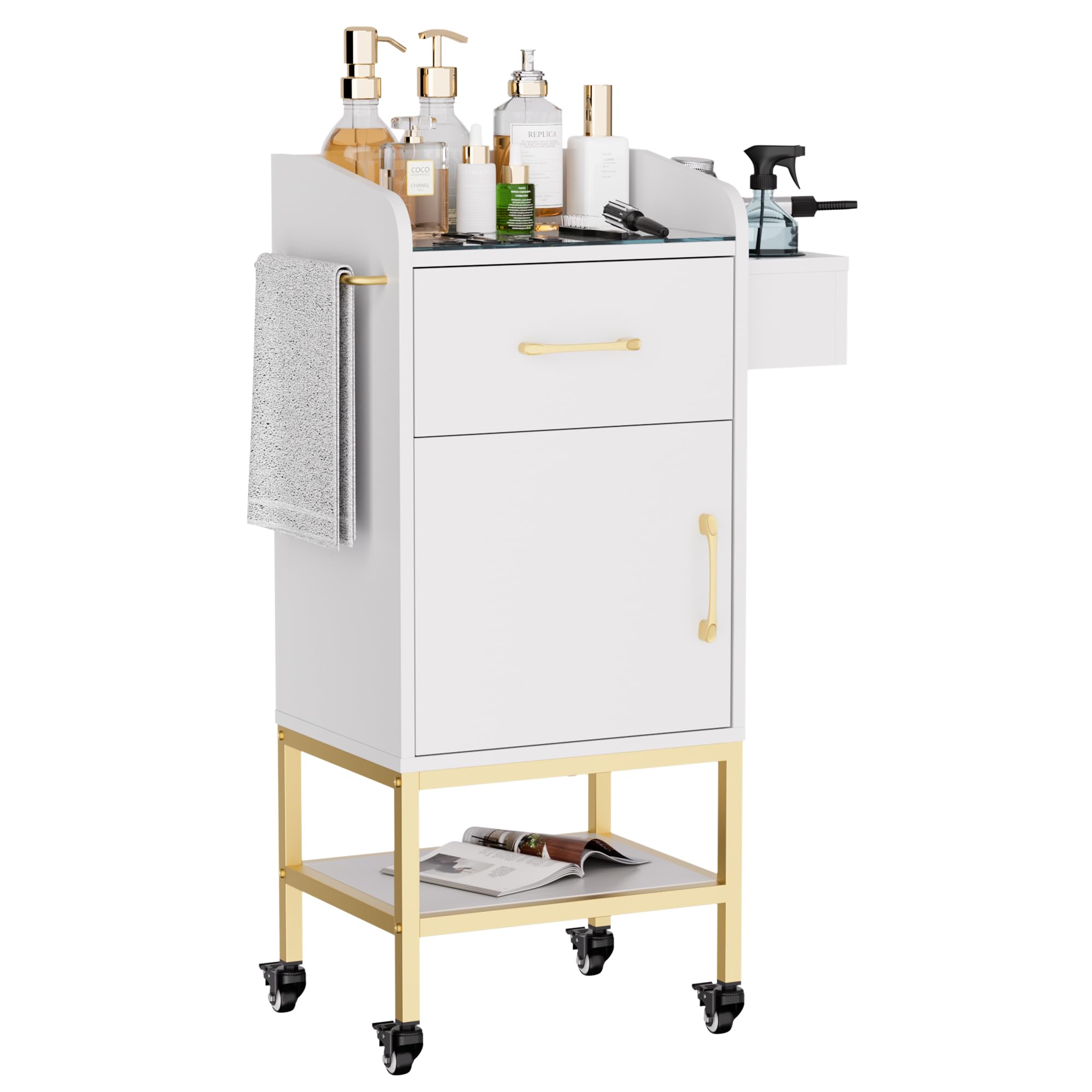 White Salon Trolley Cart with Glass Top - Lockable Wheels Beauty Storage Cabinet for Hair Stylists - Rolling Hair Station with Drawer & Cabinet | Perfect for Barber Shops, Beauty Salons & Home Styling Stations