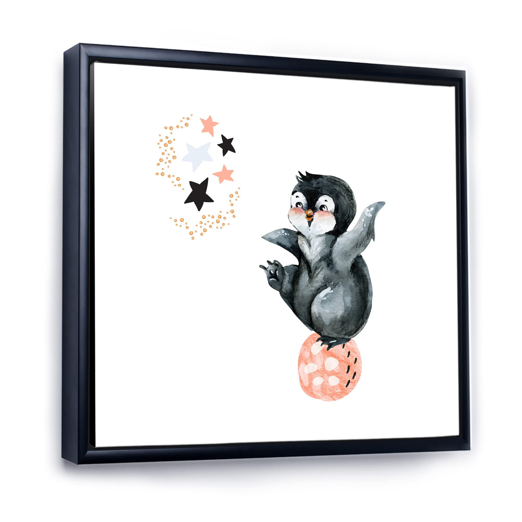 DesignQ Little Penguin with Stars and Planets II - Framed Canvas Wall Art Print for Nursery, Kids Room & Farmhouse Decor - Modern Animal Painting for Bedroom & Living Room