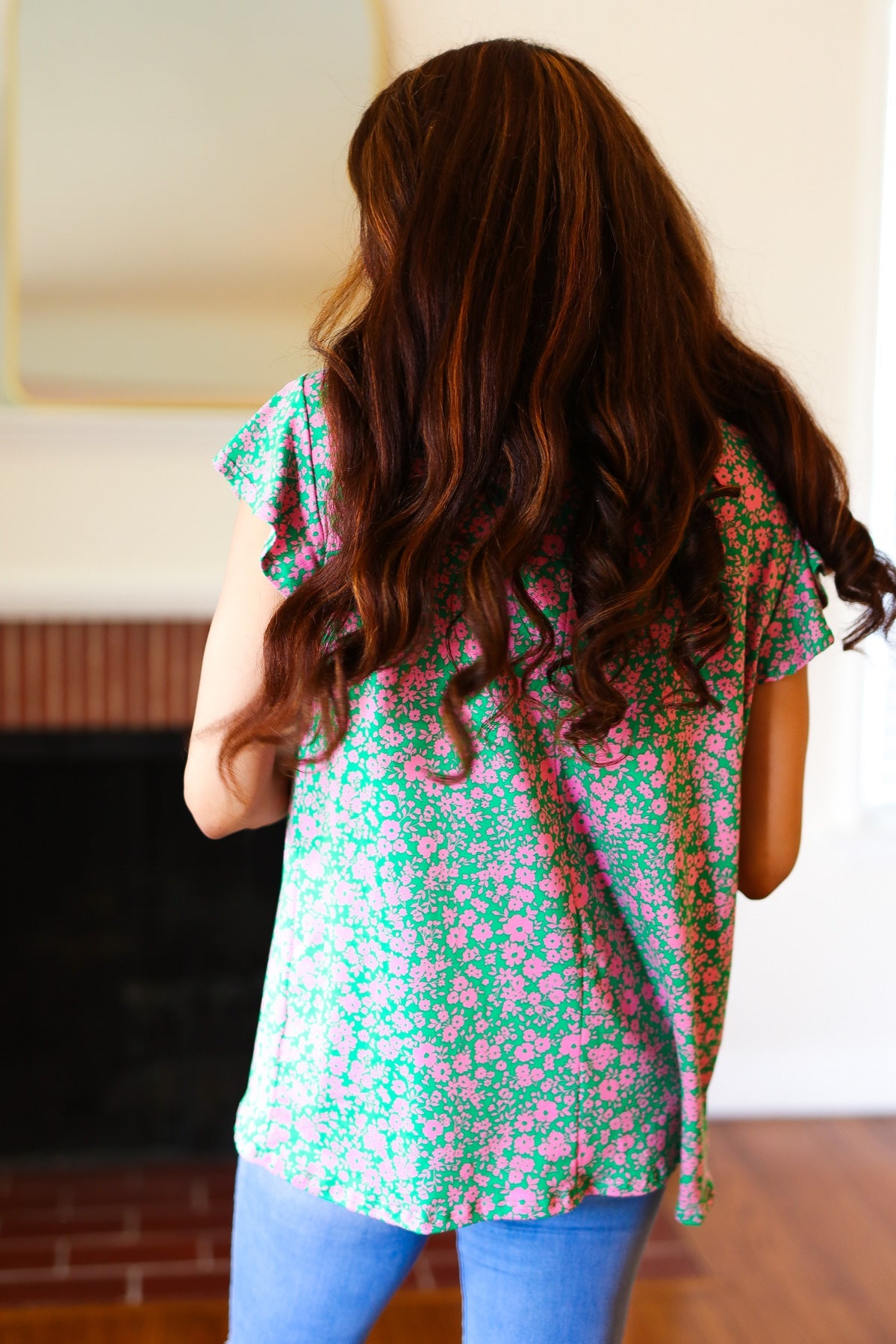 Dreamy Green & Pink Floral Ruffle Short Sleeve Blouse - Women's Boho Chic Yoke Top for Summer Outfits, Date Nights & Beach Vacations